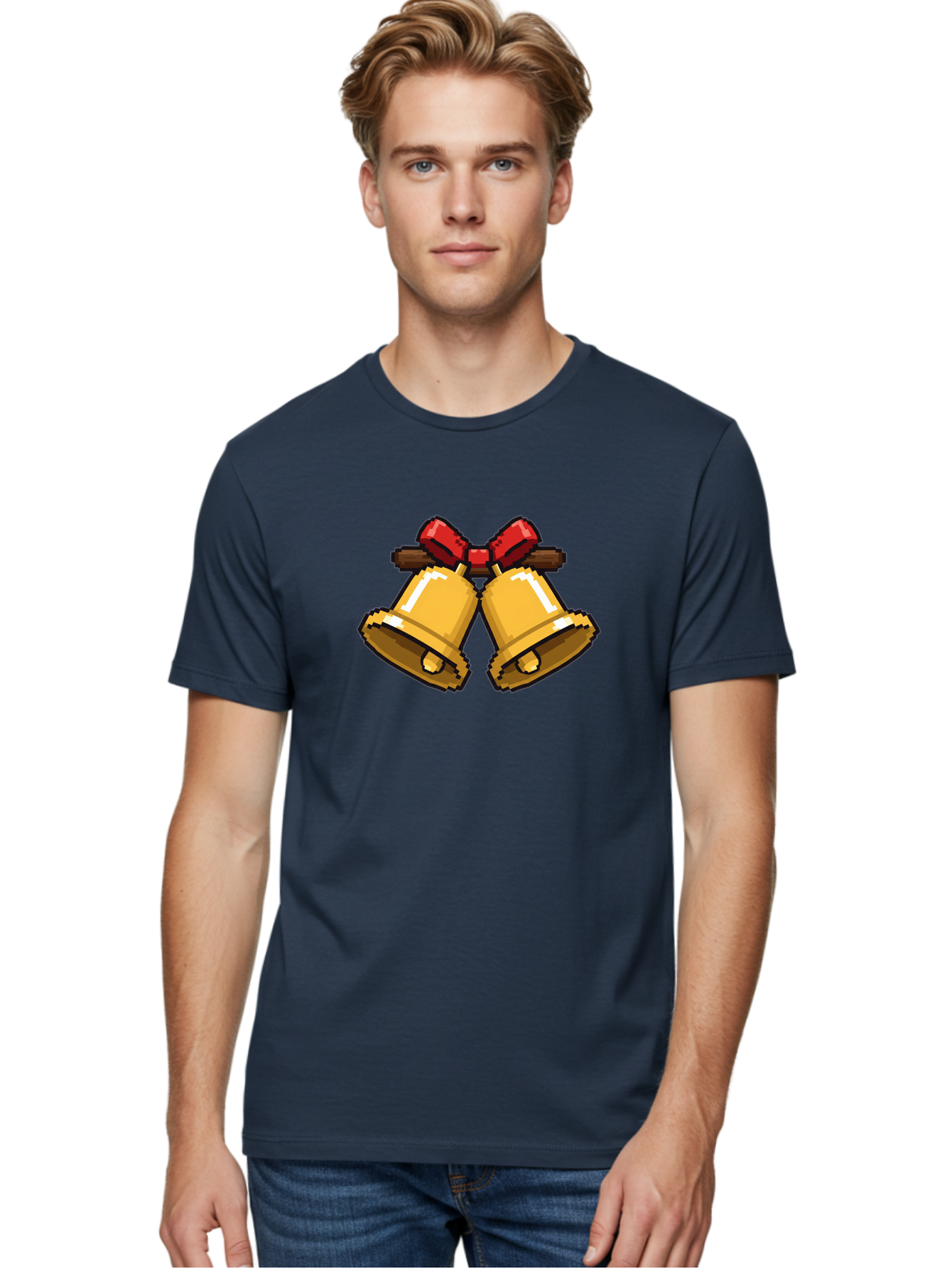 Sleigh-Bells Men'S Graphic Tee, 100% Cotton, Comfortable Casual Summer Wear, Machine Washable, Gold Bells, Christmas Decorations, Festive Decor, Holiday Cheer, Jingling Bells, Red Bow, Christmas Symbolism, Winter Wonderland, Seasonal Greetings Bab399 6