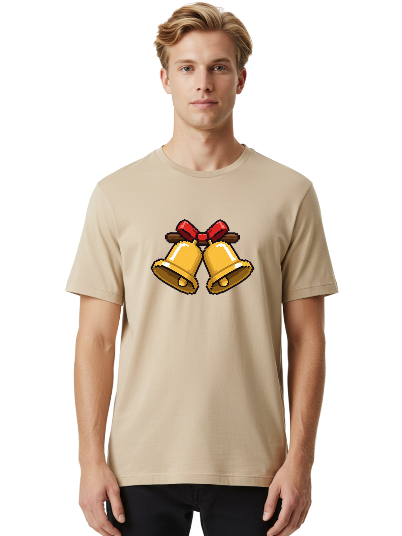 Sleigh-Bells Men'S Graphic Tee, 100% Cotton, Comfortable Casual Summer Wear, Machine Washable, Gold Bells, Christmas Decorations, Festive Decor, Holiday Cheer, Jingling Bells, Red Bow, Christmas Symbolism, Winter Wonderland, Seasonal Greetings Bab399 26