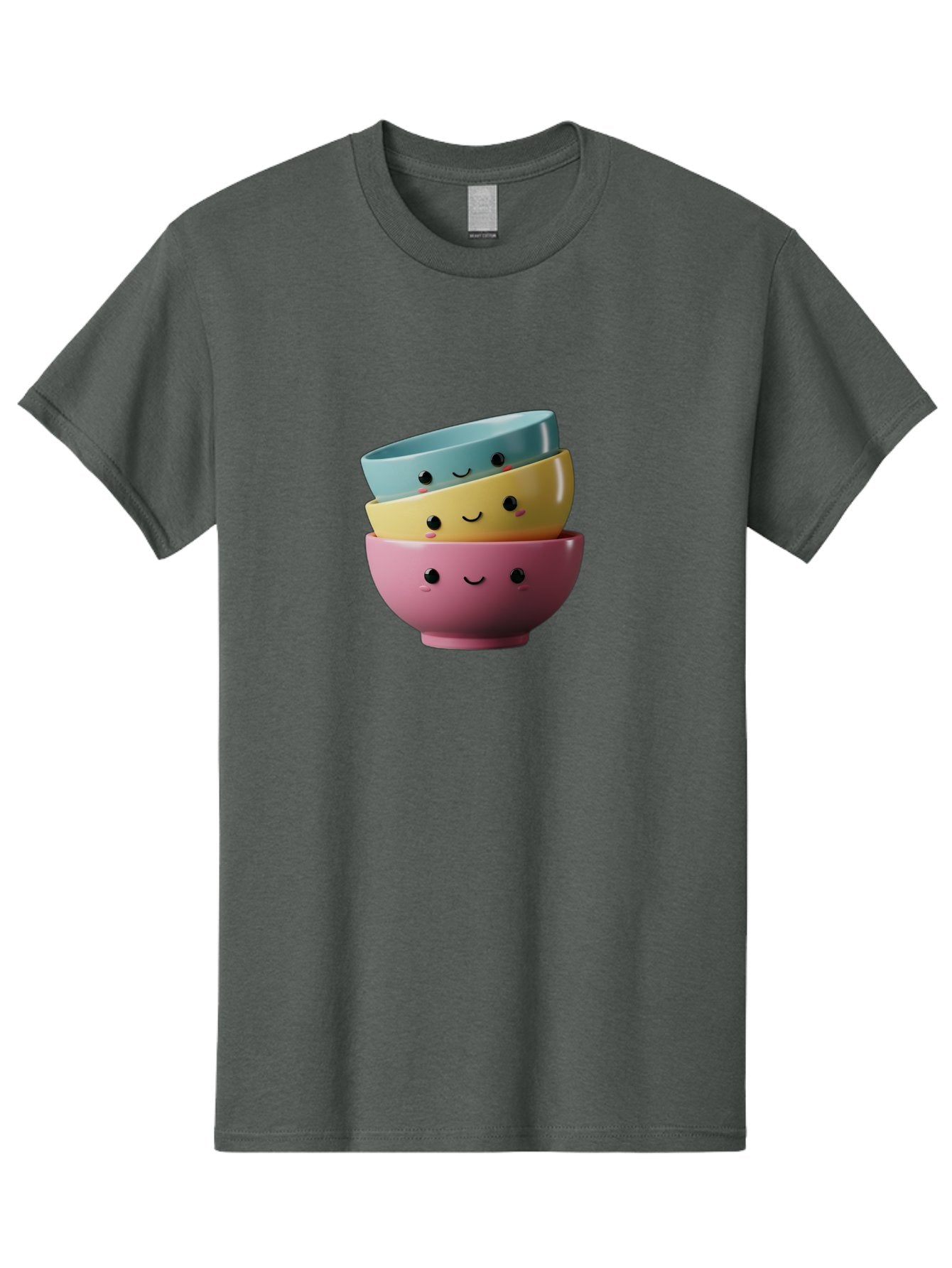 Smiley-Bowls-1 Men'S Graphic Tee, 100% Cotton, Comfortable Casual Summer Wear, Machine Washable, Stacked Bowls, Colorful Kitchenware, Smiling Faces, Cute Ceramics, Pastel Colors, Adorable Design, Happy Kitchen, Playful Tableware Bab401 3