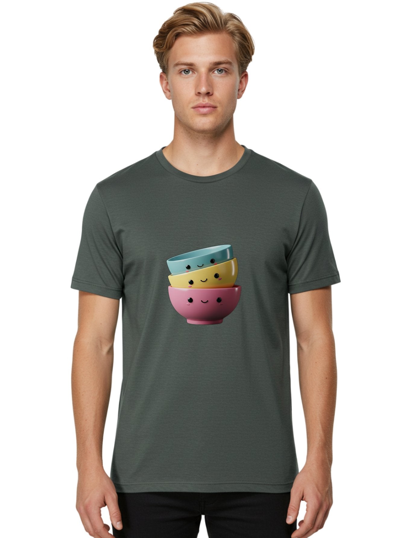 Smiley-Bowls-1 Men'S Graphic Tee, 100% Cotton, Comfortable Casual Summer Wear, Machine Washable, Stacked Bowls, Colorful Kitchenware, Smiling Faces, Cute Ceramics, Pastel Colors, Adorable Design, Happy Kitchen, Playful Tableware Bab401 22