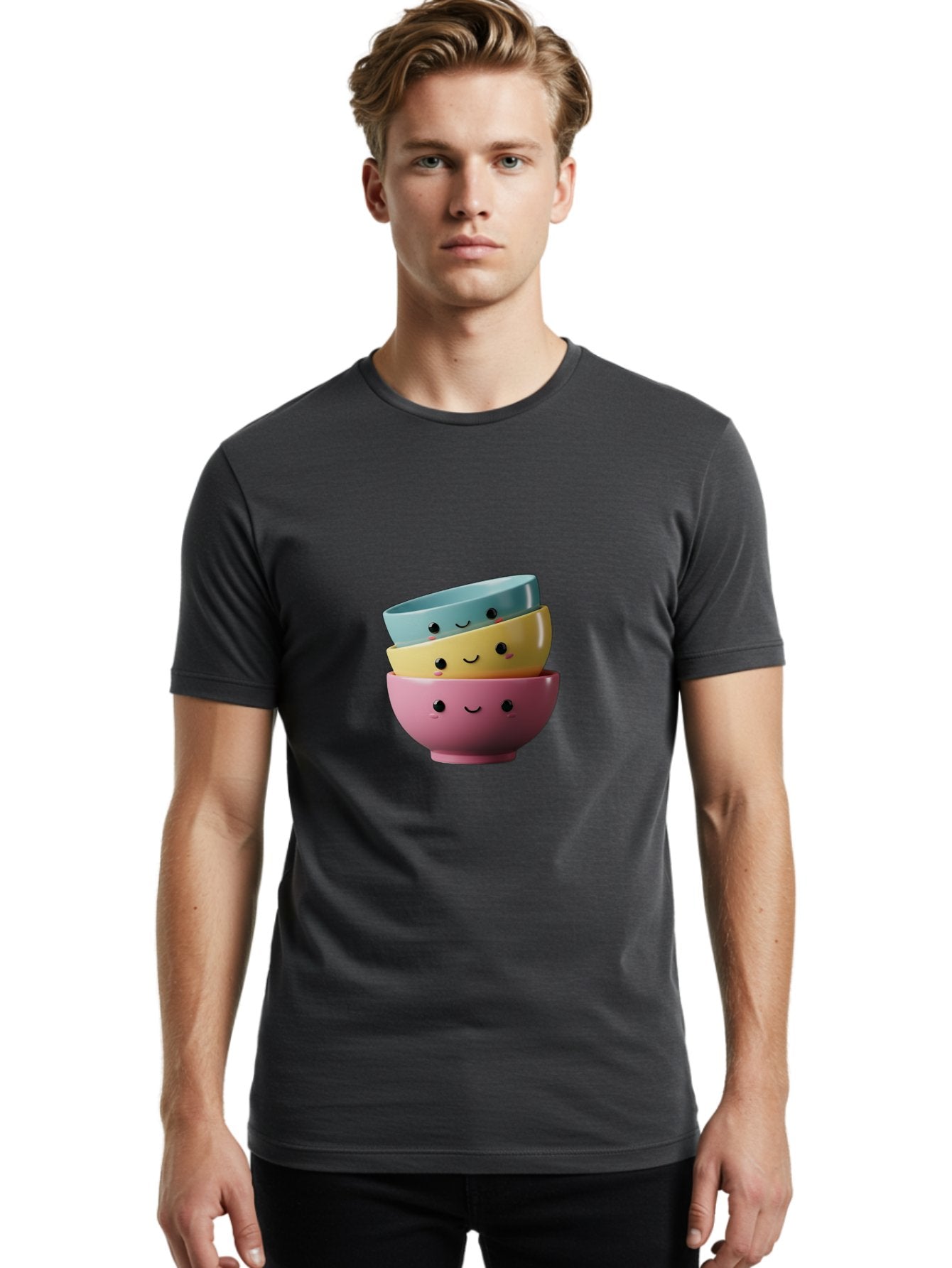 Smiley-Bowls-1 Men'S Graphic Tee, 100% Cotton, Comfortable Casual Summer Wear, Machine Washable, Stacked Bowls, Colorful Kitchenware, Smiling Faces, Cute Ceramics, Pastel Colors, Adorable Design, Happy Kitchen, Playful Tableware Bab401 20