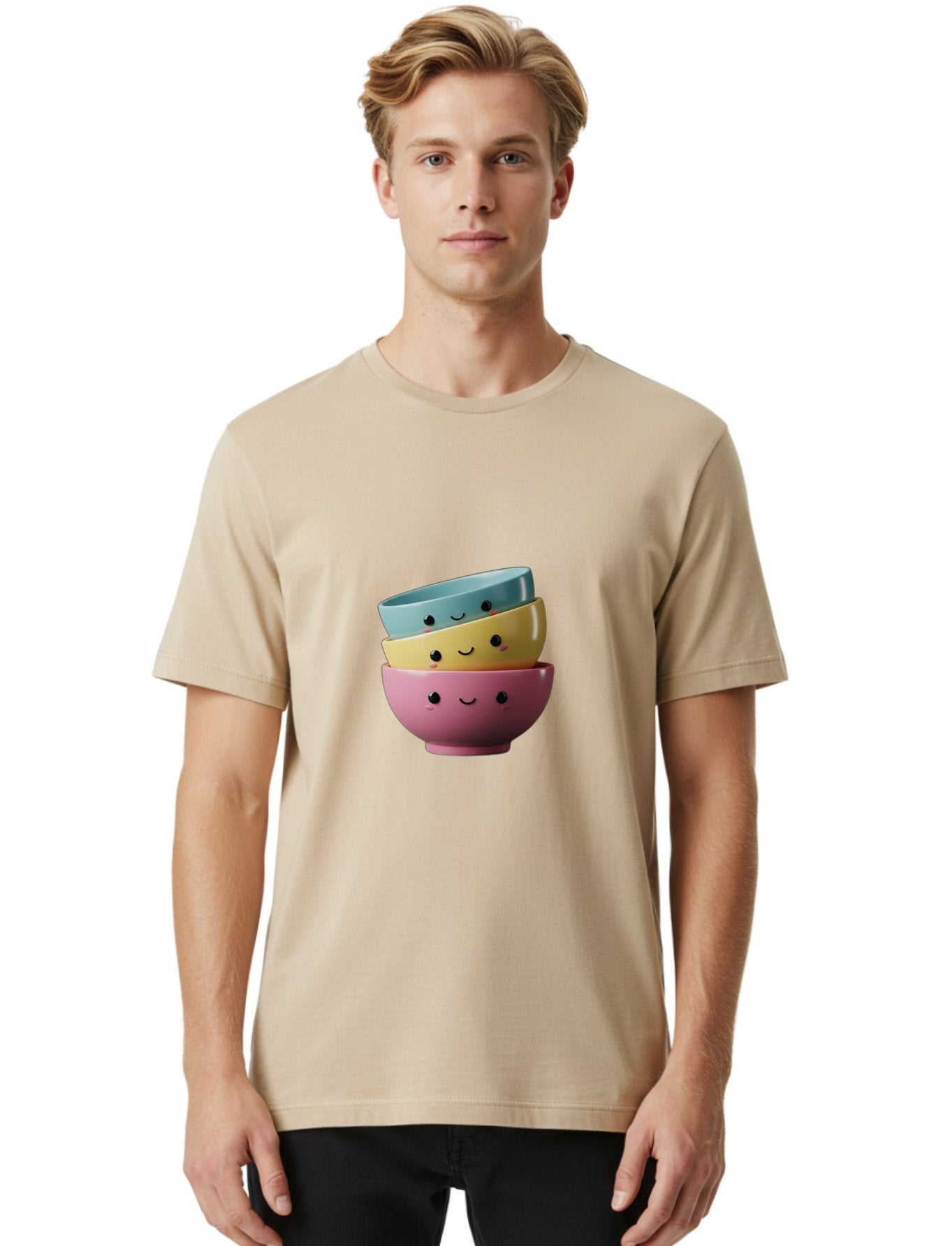 Smiley-Bowls-1 Men'S Graphic Tee, 100% Cotton, Comfortable Casual Summer Wear, Machine Washable, Stacked Bowls, Colorful Kitchenware, Smiling Faces, Cute Ceramics, Pastel Colors, Adorable Design, Happy Kitchen, Playful Tableware Bab401 16