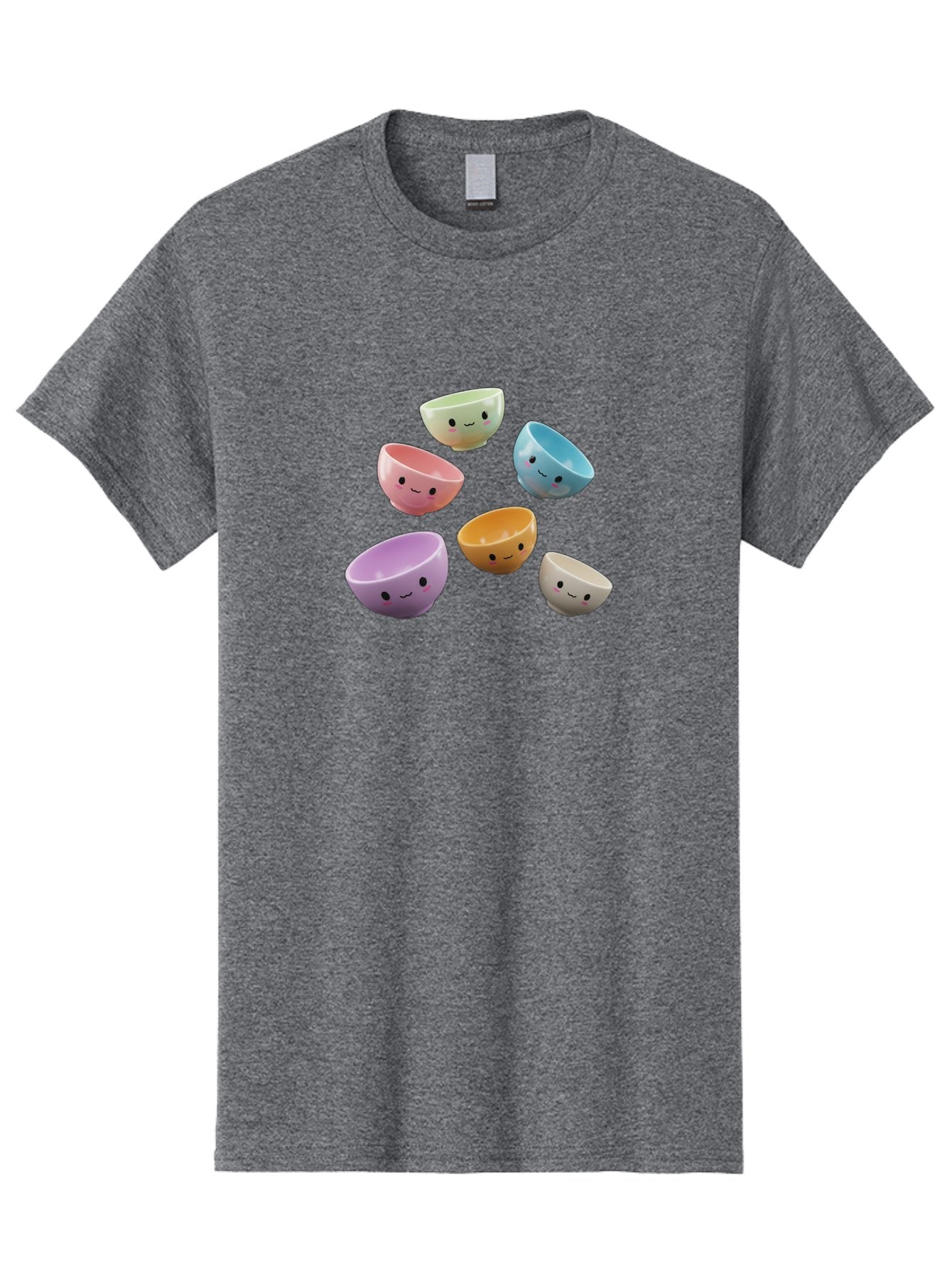 Smiley-Bowls-2 Men'S Graphic Tee, 100% Cotton, Comfortable Casual Summer Wear, Machine Washable, Pastel-Colored Bowls, Cute Faces, Smiling Bowls, Kawaii, Adorable Kitchenware, Colorful Tableware, Whimsical Design, Happy Faces, Ceramic Bowls Bab402 4