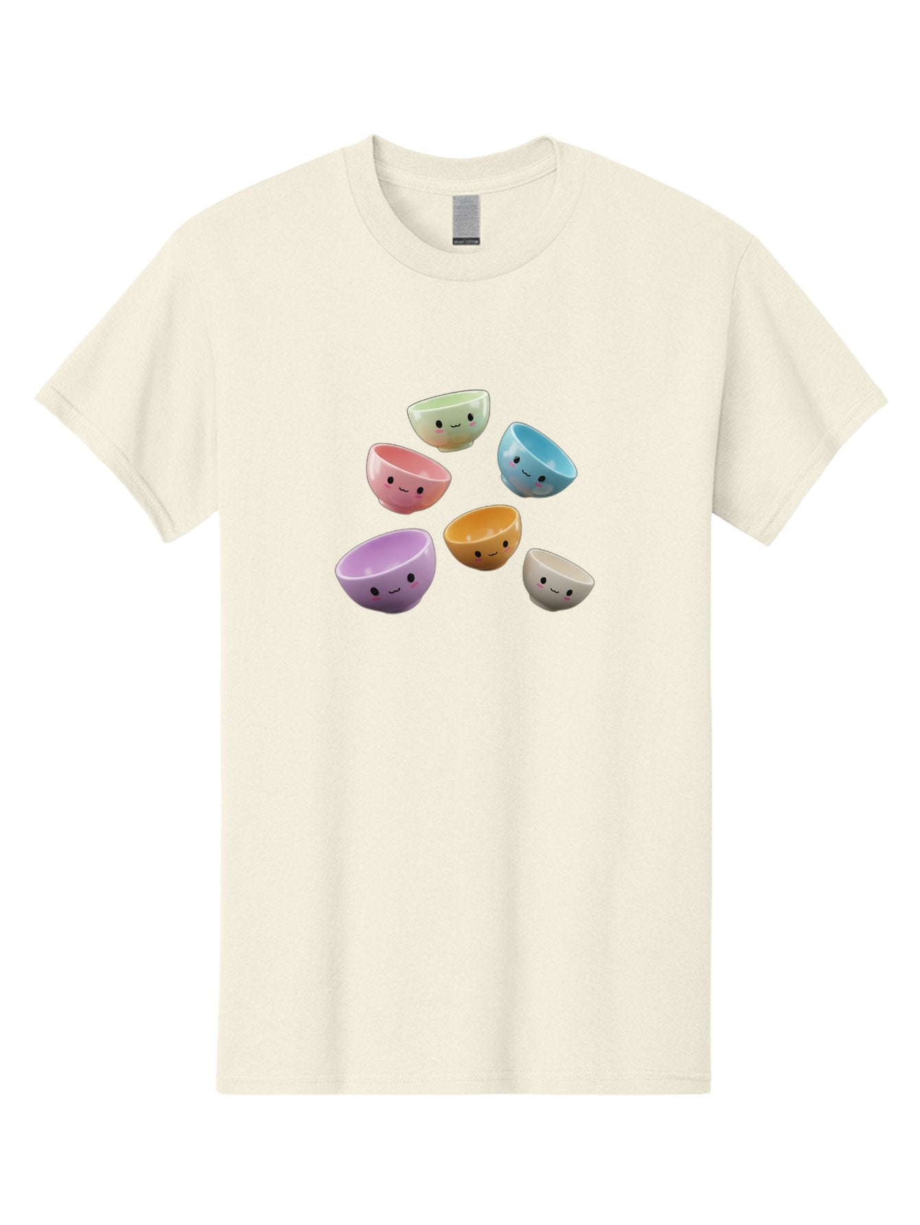 Smiley-Bowls-2 Men'S Graphic Tee, 100% Cotton, Comfortable Casual Summer Wear, Machine Washable, Pastel-Colored Bowls, Cute Faces, Smiling Bowls, Kawaii, Adorable Kitchenware, Colorful Tableware, Whimsical Design, Happy Faces, Ceramic Bowls Bab402 5
