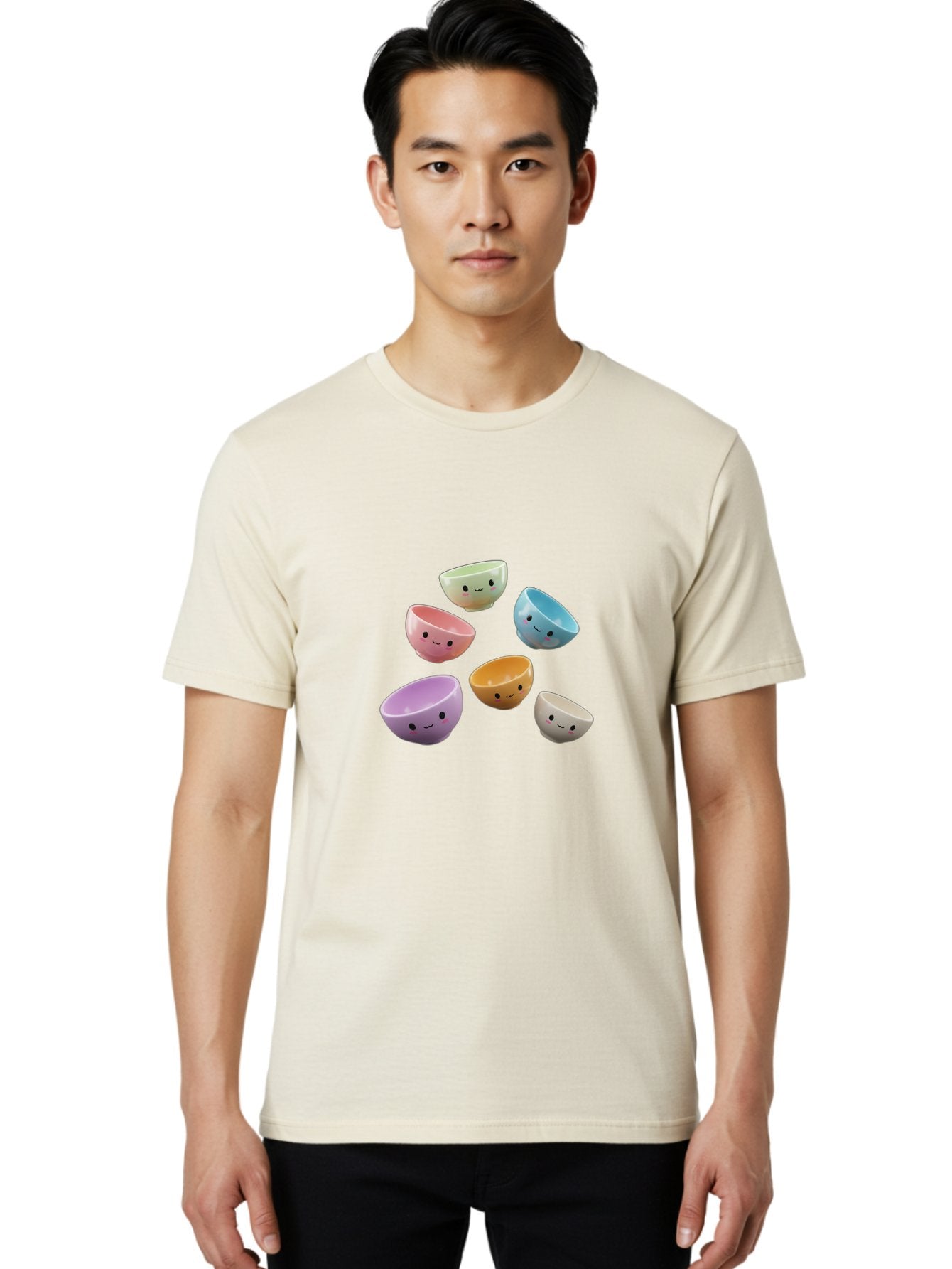 Smiley-Bowls-2 Men'S Graphic Tee, 100% Cotton, Comfortable Casual Summer Wear, Machine Washable, Pastel-Colored Bowls, Cute Faces, Smiling Bowls, Kawaii, Adorable Kitchenware, Colorful Tableware, Whimsical Design, Happy Faces, Ceramic Bowls Bab402 23
