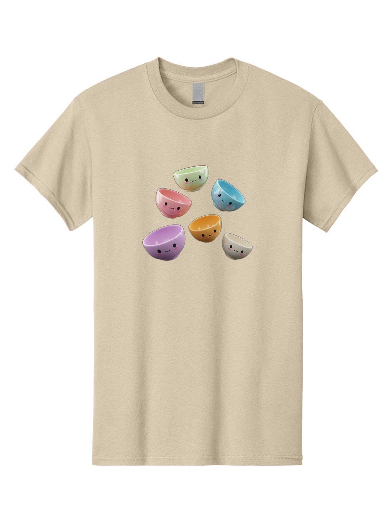 Smiley-Bowls-2 Men'S Graphic Tee, 100% Cotton, Comfortable Casual Summer Wear, Machine Washable, Pastel-Colored Bowls, Cute Faces, Smiling Bowls, Kawaii, Adorable Kitchenware, Colorful Tableware, Whimsical Design, Happy Faces, Ceramic Bowls Bab402 14