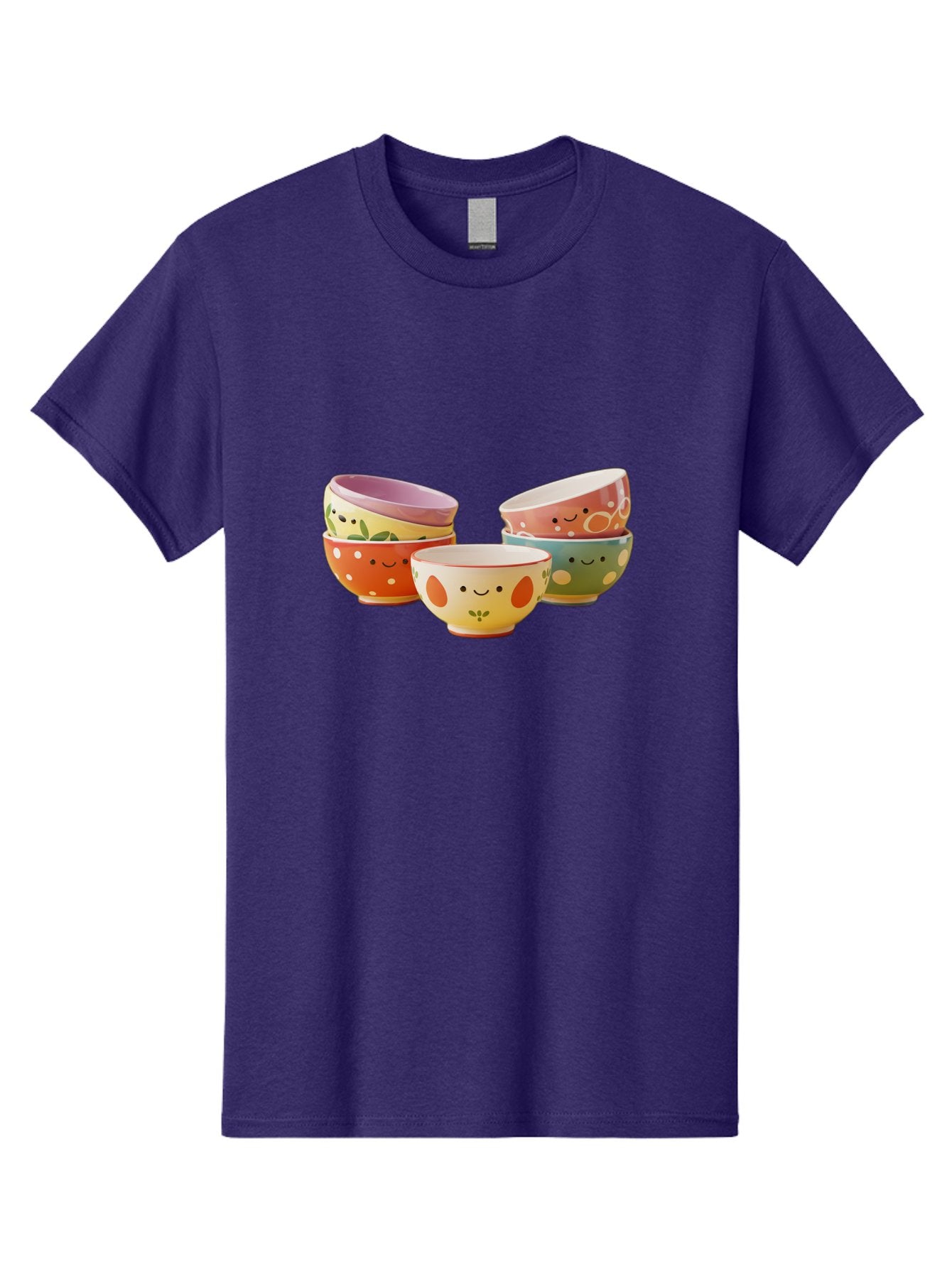 Smiley-Bowls Men'S Graphic Tee, 100% Cotton, Comfortable Casual Summer Wear, Machine Washable, Colorful Bowls, Smiley Faces, Playful Designs, Ceramic Tableware, Kitchen Decor, Happy Vibes, Polka Dots Bab403