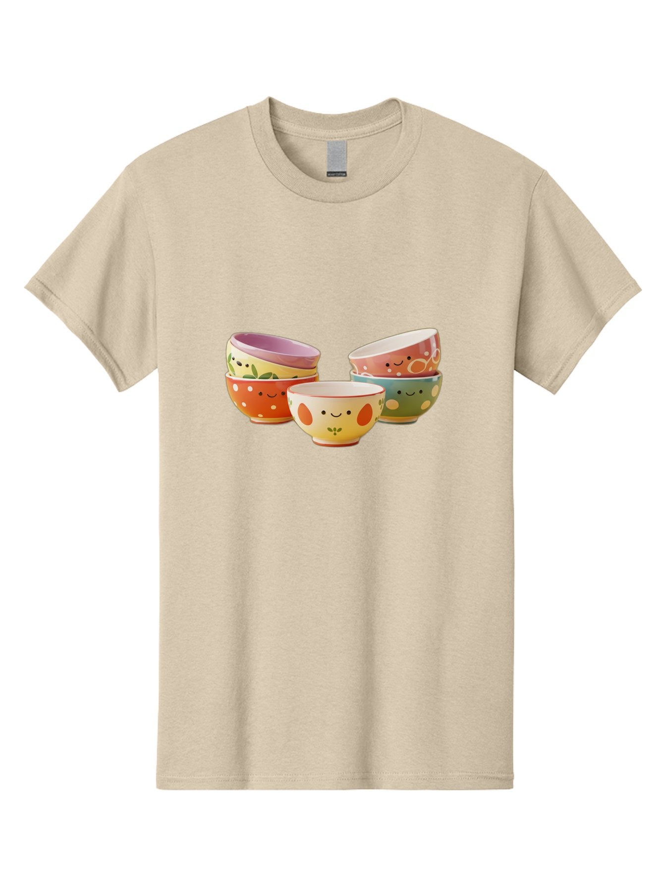 Smiley-Bowls Men'S Graphic Tee, 100% Cotton, Comfortable Casual Summer Wear, Machine Washable, Colorful Bowls, Smiley Faces, Playful Designs, Ceramic Tableware, Kitchen Decor, Happy Vibes, Polka Dots Bab403