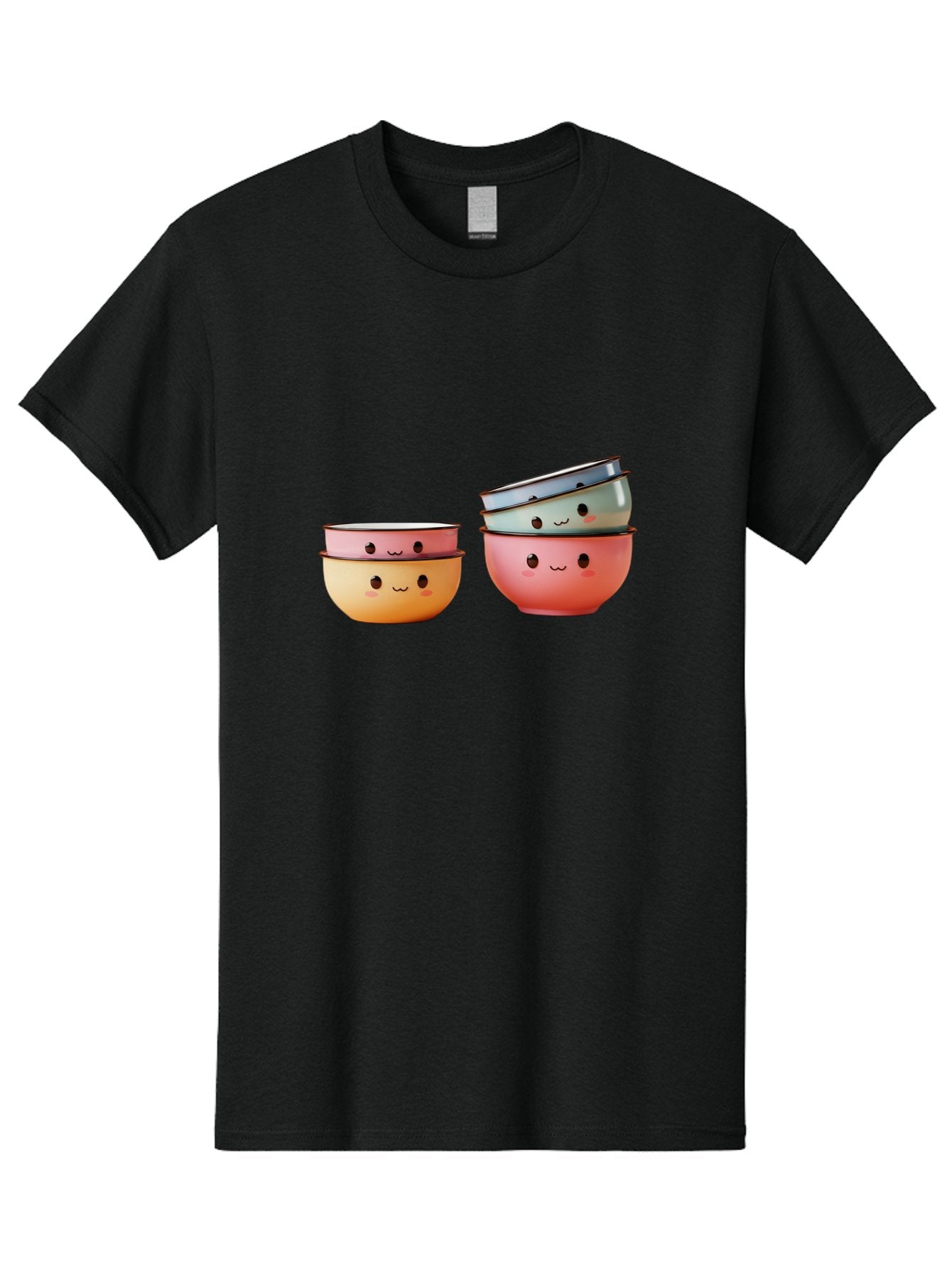 Smiling-Bowls-1 Men'S Graphic Tee, 100% Cotton, Comfortable Casual Summer Wear, Machine Washable, Stacked Mixing Bowls, Cute Kitchenware, Colorful Bowls, Smiling Faces, Kitchen Utensils, Cooking Essentials, Adorable Design, Pastel Colors, Bab406 14