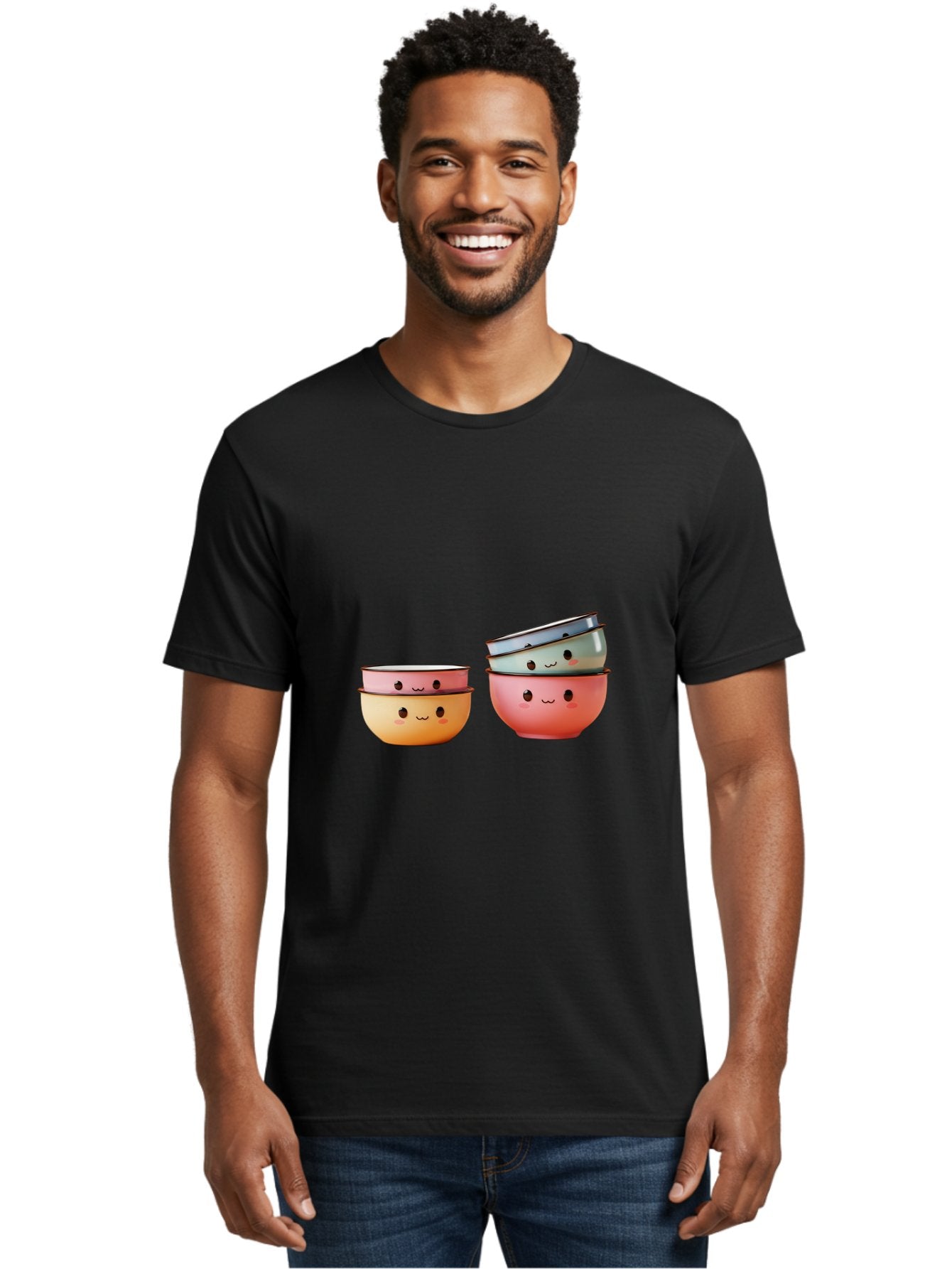Smiling-Bowls-1 Men'S Graphic Tee, 100% Cotton, Comfortable Casual Summer Wear, Machine Washable, Stacked Mixing Bowls, Cute Kitchenware, Colorful Bowls, Smiling Faces, Kitchen Utensils, Cooking Essentials, Adorable Design, Pastel Colors, Bab406 29