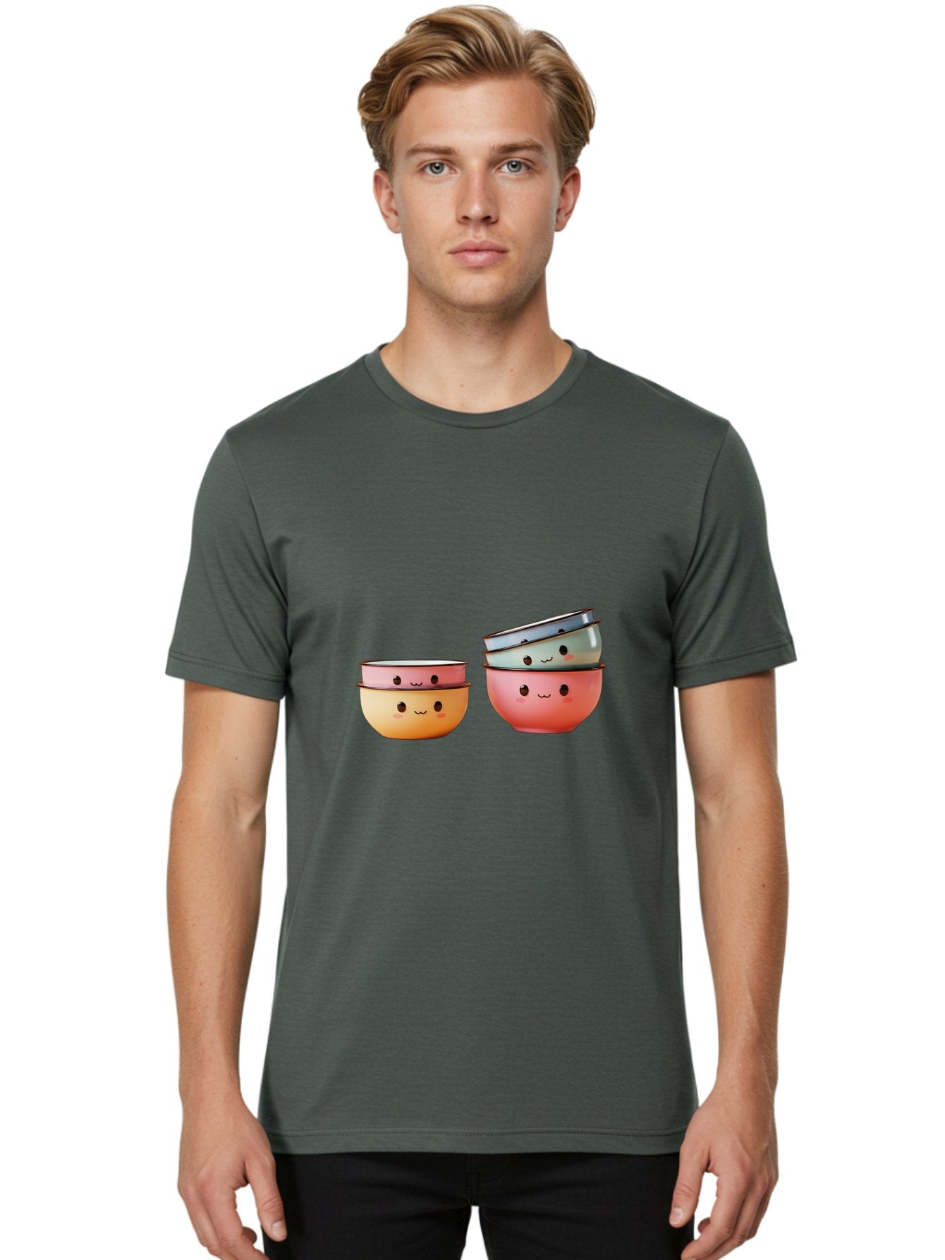 Smiling-Bowls-1 Men'S Graphic Tee, 100% Cotton, Comfortable Casual Summer Wear, Machine Washable, Stacked Mixing Bowls, Cute Kitchenware, Colorful Bowls, Smiling Faces, Kitchen Utensils, Cooking Essentials, Adorable Design, Pastel Colors, Bab406 22
