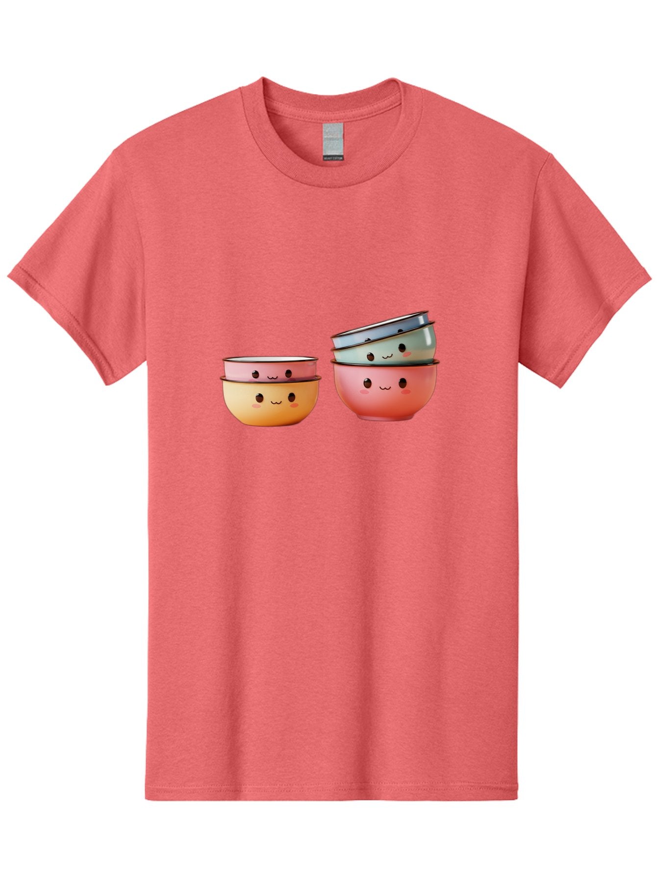 Smiling-Bowls-1 Men'S Graphic Tee, 100% Cotton, Comfortable Casual Summer Wear, Machine Washable, Stacked Mixing Bowls, Cute Kitchenware, Colorful Bowls, Smiling Faces, Kitchen Utensils, Cooking Essentials, Adorable Design, Pastel Colors, Bab406 15