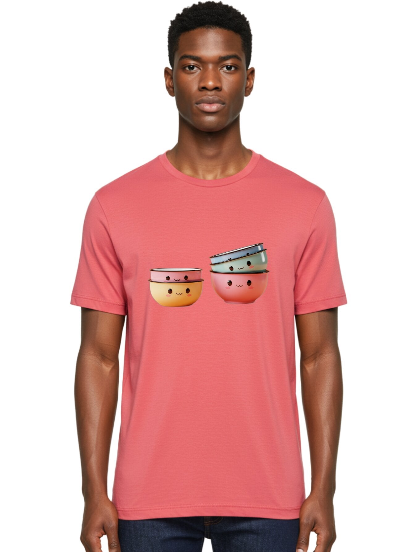 Smiling-Bowls-1 Men'S Graphic Tee, 100% Cotton, Comfortable Casual Summer Wear, Machine Washable, Stacked Mixing Bowls, Cute Kitchenware, Colorful Bowls, Smiling Faces, Kitchen Utensils, Cooking Essentials, Adorable Design, Pastel Colors, Bab406 30