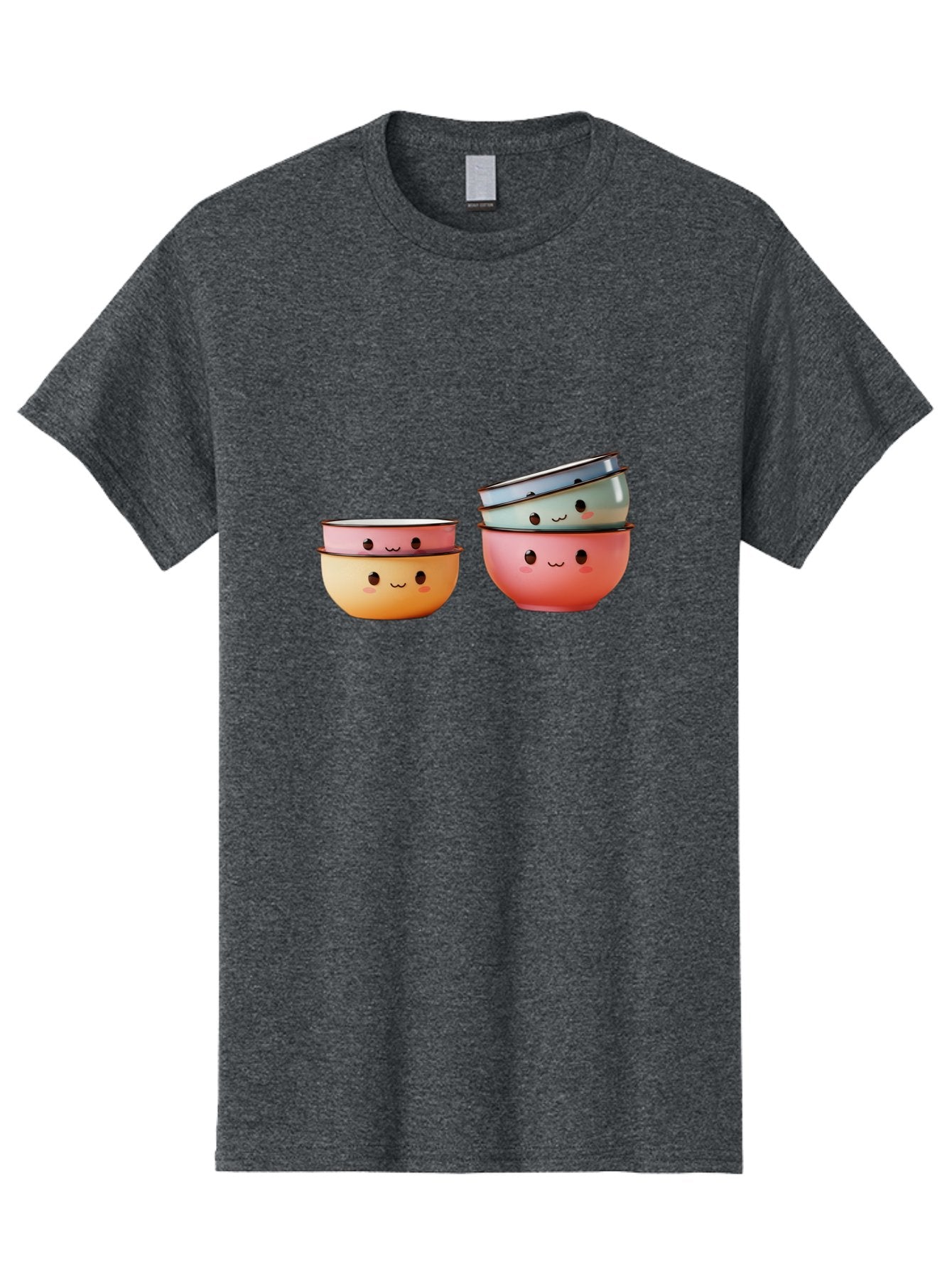 Smiling-Bowls-1 Men'S Graphic Tee, 100% Cotton, Comfortable Casual Summer Wear, Machine Washable, Stacked Mixing Bowls, Cute Kitchenware, Colorful Bowls, Smiling Faces, Kitchen Utensils, Cooking Essentials, Adorable Design, Pastel Colors, Bab406 8