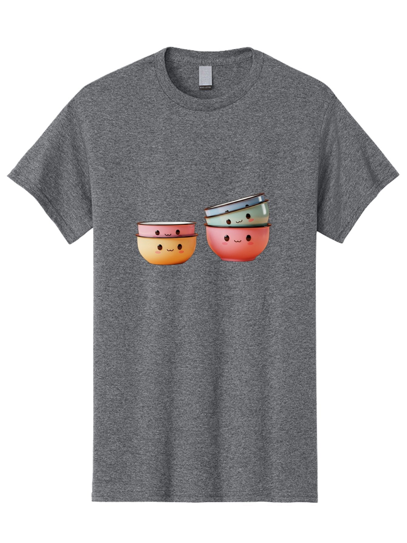 Smiling-Bowls-1 Men'S Graphic Tee, 100% Cotton, Comfortable Casual Summer Wear, Machine Washable, Stacked Mixing Bowls, Cute Kitchenware, Colorful Bowls, Smiling Faces, Kitchen Utensils, Cooking Essentials, Adorable Design, Pastel Colors, Bab406 13