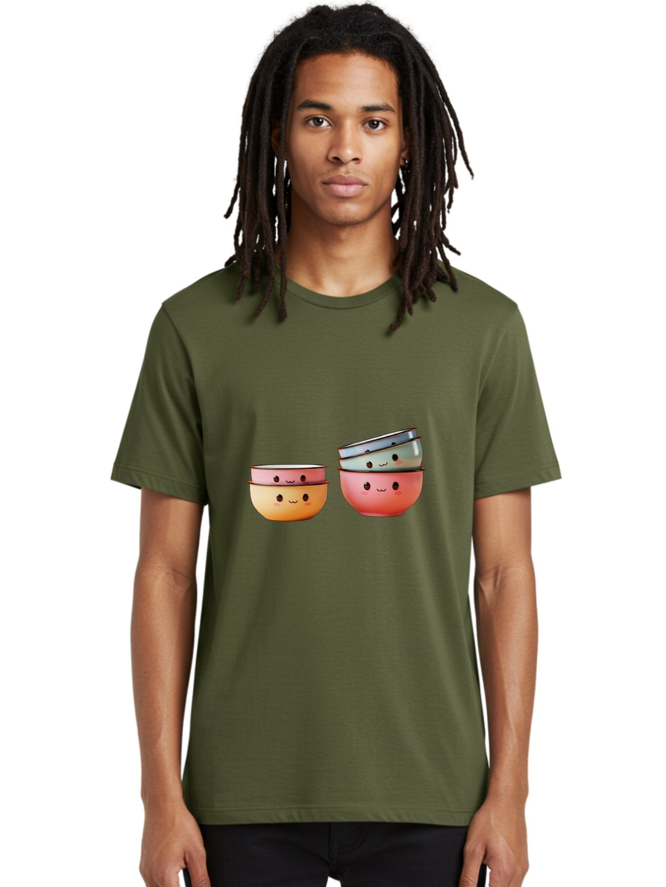 Smiling-Bowls-1 Men'S Graphic Tee, 100% Cotton, Comfortable Casual Summer Wear, Machine Washable, Stacked Mixing Bowls, Cute Kitchenware, Colorful Bowls, Smiling Faces, Kitchen Utensils, Cooking Essentials, Adorable Design, Pastel Colors, Bab406 23