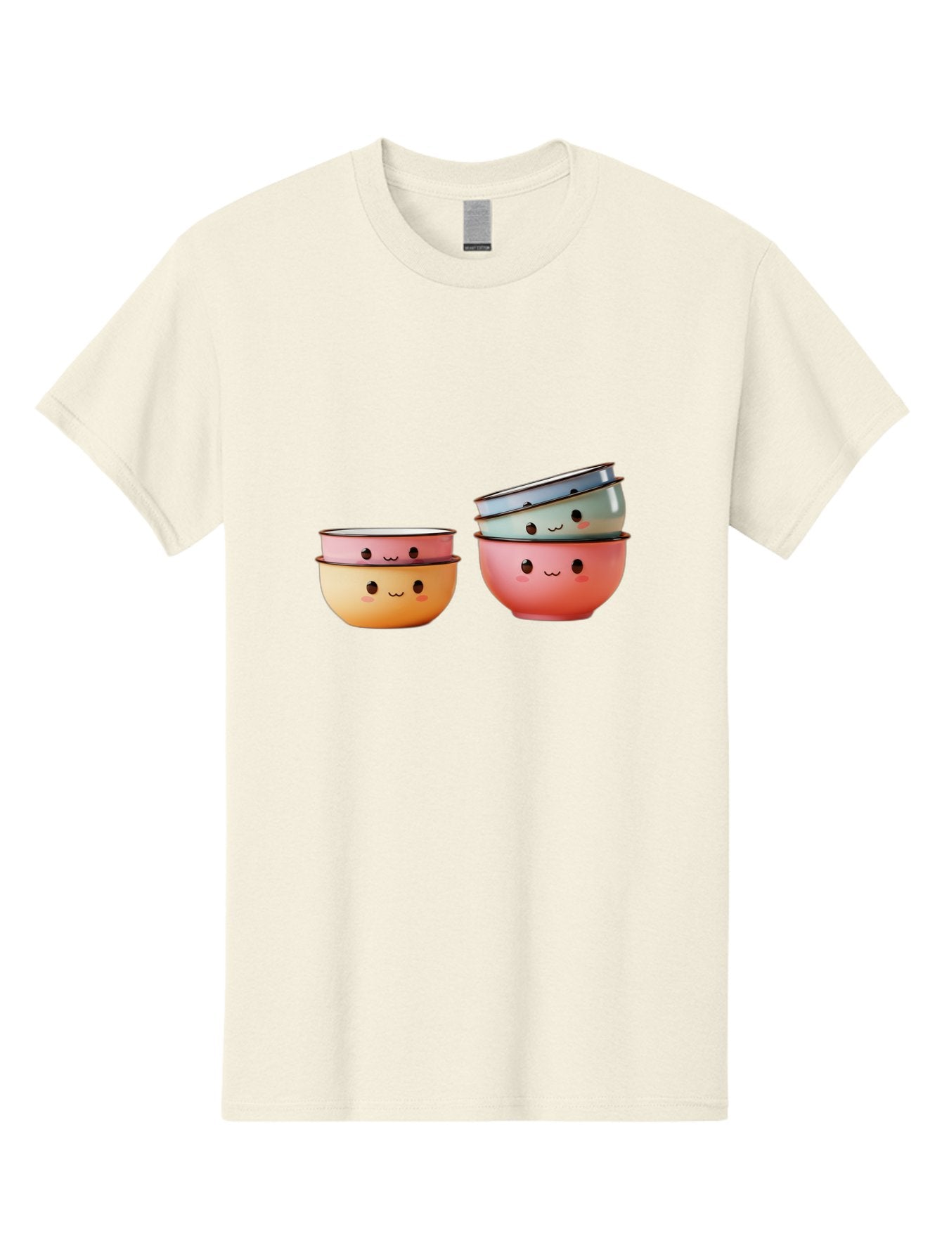 Smiling-Bowls-1 Men'S Graphic Tee, 100% Cotton, Comfortable Casual Summer Wear, Machine Washable, Stacked Mixing Bowls, Cute Kitchenware, Colorful Bowls, Smiling Faces, Kitchen Utensils, Cooking Essentials, Adorable Design, Pastel Colors, Bab406 11