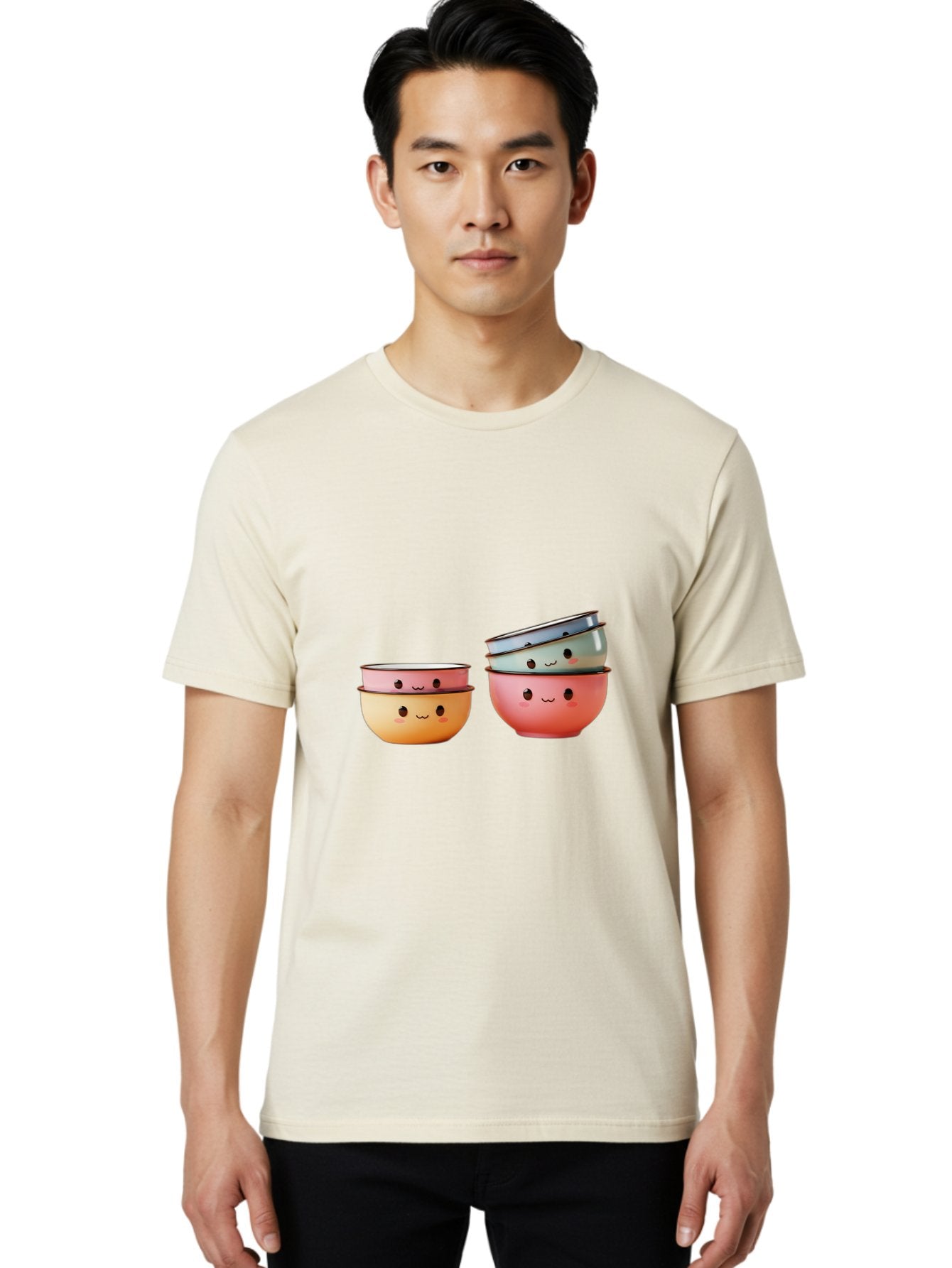 Smiling-Bowls-1 Men'S Graphic Tee, 100% Cotton, Comfortable Casual Summer Wear, Machine Washable, Stacked Mixing Bowls, Cute Kitchenware, Colorful Bowls, Smiling Faces, Kitchen Utensils, Cooking Essentials, Adorable Design, Pastel Colors, Bab406 27