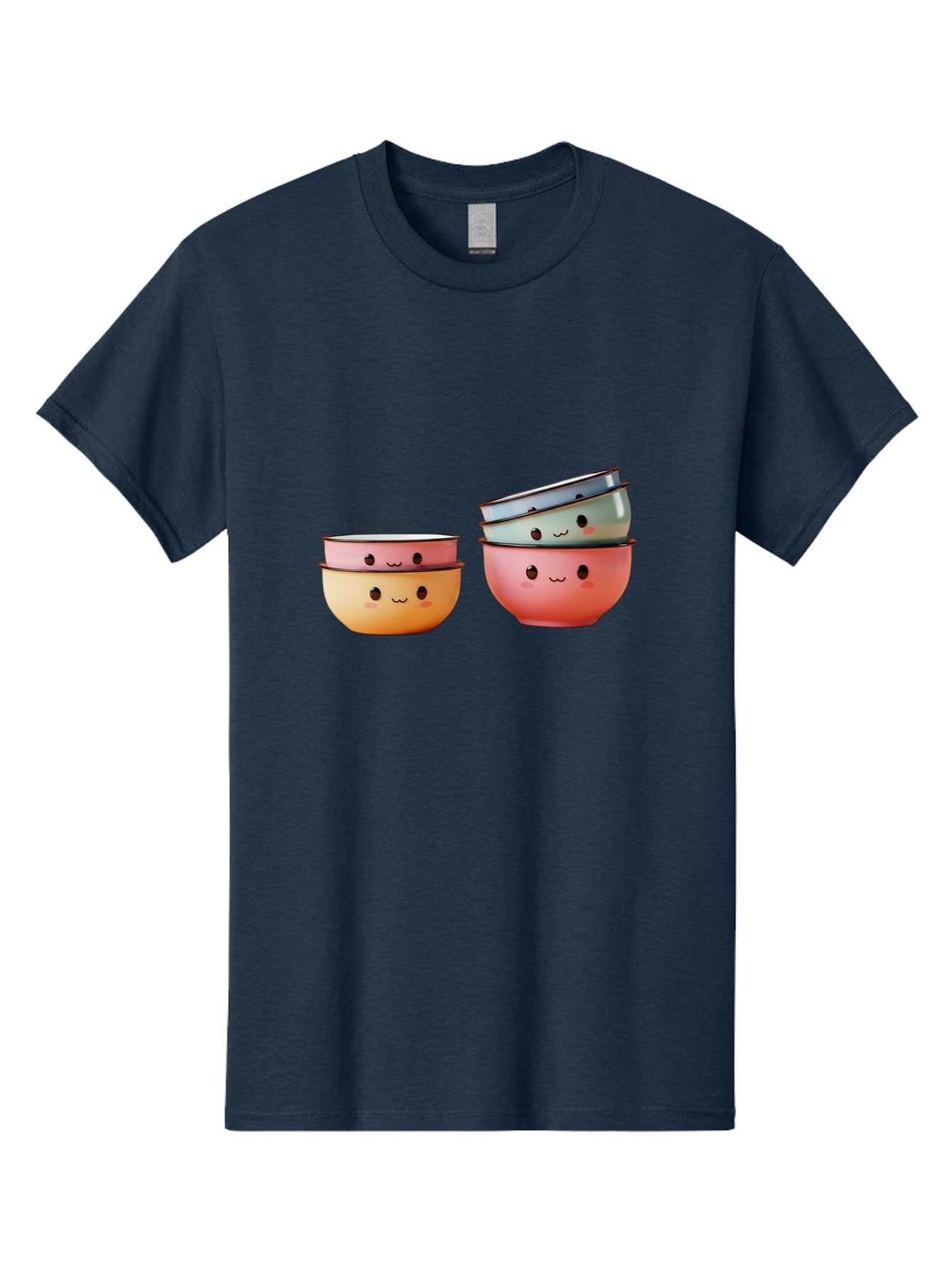 Smiling-Bowls-1 Men'S Graphic Tee, 100% Cotton, Comfortable Casual Summer Wear, Machine Washable, Stacked Mixing Bowls, Cute Kitchenware, Colorful Bowls, Smiling Faces, Kitchen Utensils, Cooking Essentials, Adorable Design, Pastel Colors, Bab406 10