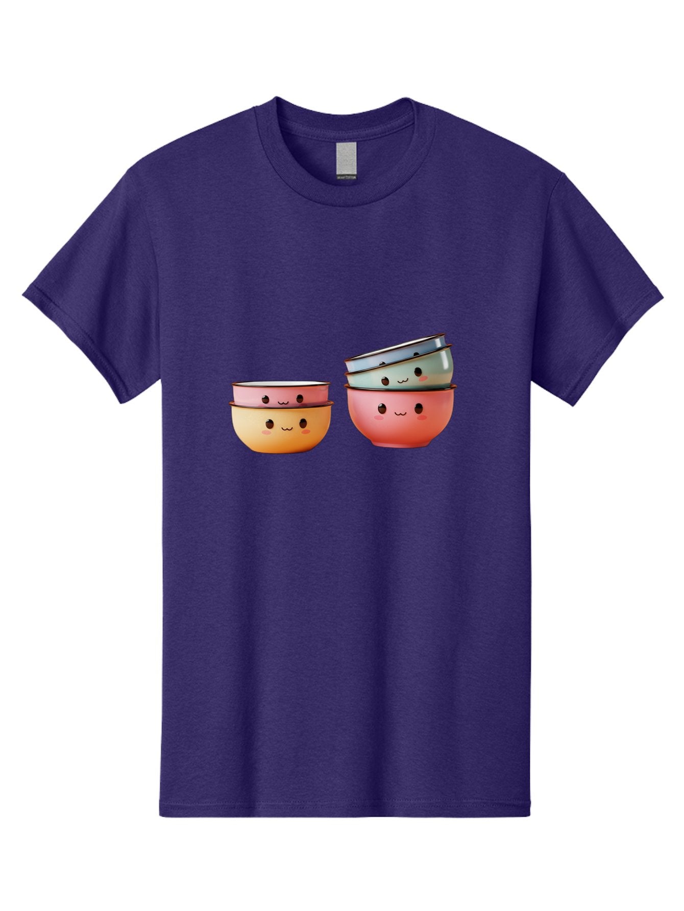 Smiling-Bowls-1 Men'S Graphic Tee, 100% Cotton, Comfortable Casual Summer Wear, Machine Washable, Stacked Mixing Bowls, Cute Kitchenware, Colorful Bowls, Smiling Faces, Kitchen Utensils, Cooking Essentials, Adorable Design, Pastel Colors, Bab406 4