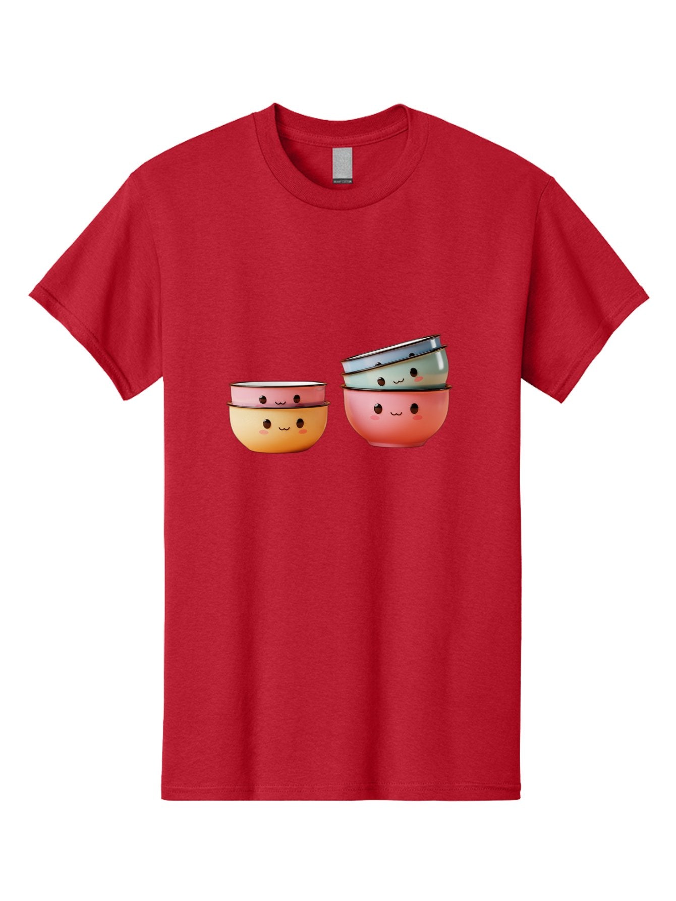 Smiling-Bowls-1 Men'S Graphic Tee, 100% Cotton, Comfortable Casual Summer Wear, Machine Washable, Stacked Mixing Bowls, Cute Kitchenware, Colorful Bowls, Smiling Faces, Kitchen Utensils, Cooking Essentials, Adorable Design, Pastel Colors, Bab406