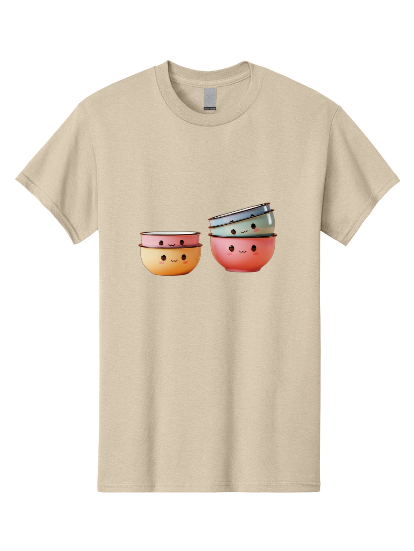 Smiling-Bowls-1 Men'S Graphic Tee, 100% Cotton, Comfortable Casual Summer Wear, Machine Washable, Stacked Mixing Bowls, Cute Kitchenware, Colorful Bowls, Smiling Faces, Kitchen Utensils, Cooking Essentials, Adorable Design, Pastel Colors, Bab406