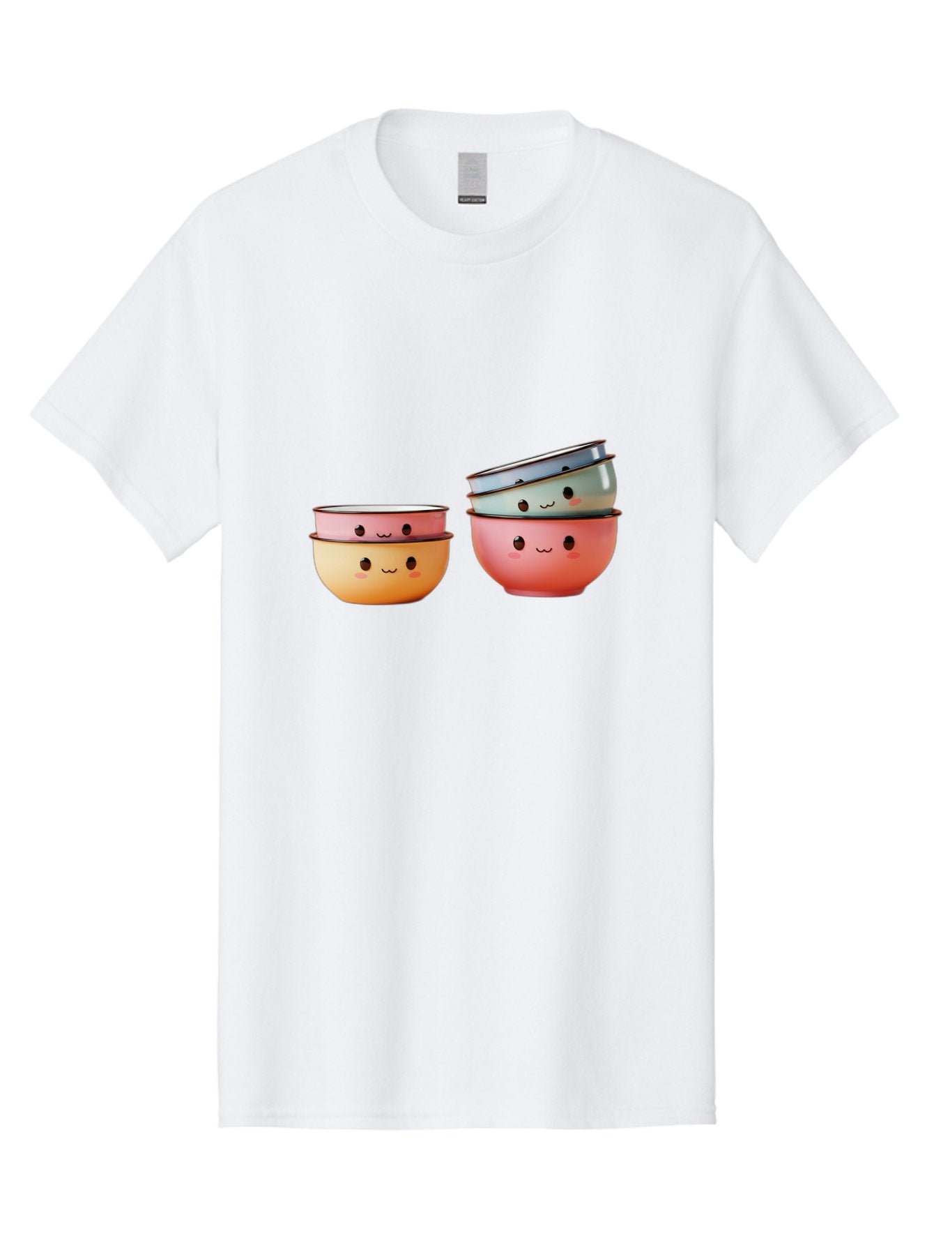 Smiling-Bowls-1 Men'S Graphic Tee, 100% Cotton, Comfortable Casual Summer Wear, Machine Washable, Stacked Mixing Bowls, Cute Kitchenware, Colorful Bowls, Smiling Faces, Kitchen Utensils, Cooking Essentials, Adorable Design, Pastel Colors, Bab406 9