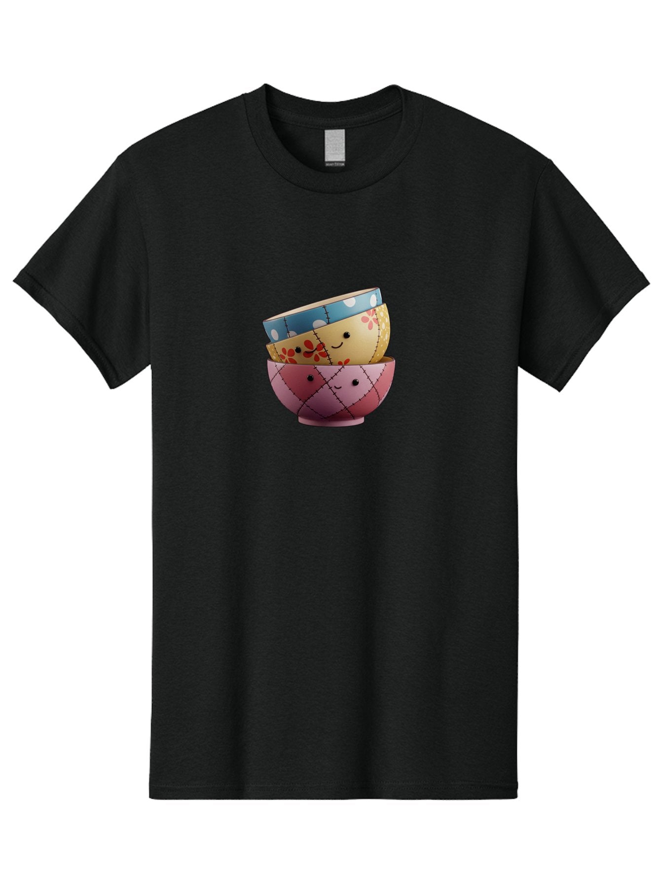 Smiling-Bowls Men'S Graphic Tee, 100% Cotton, Comfortable Casual Summer Wear, Machine Washable, Stacked Bowls, Smiling Faces, Colorful Patterns, Pastel Colors, Floral Designs, Polka Dots, Argyle Pattern, Cute Kitchenware, Tableware, Bab407 5