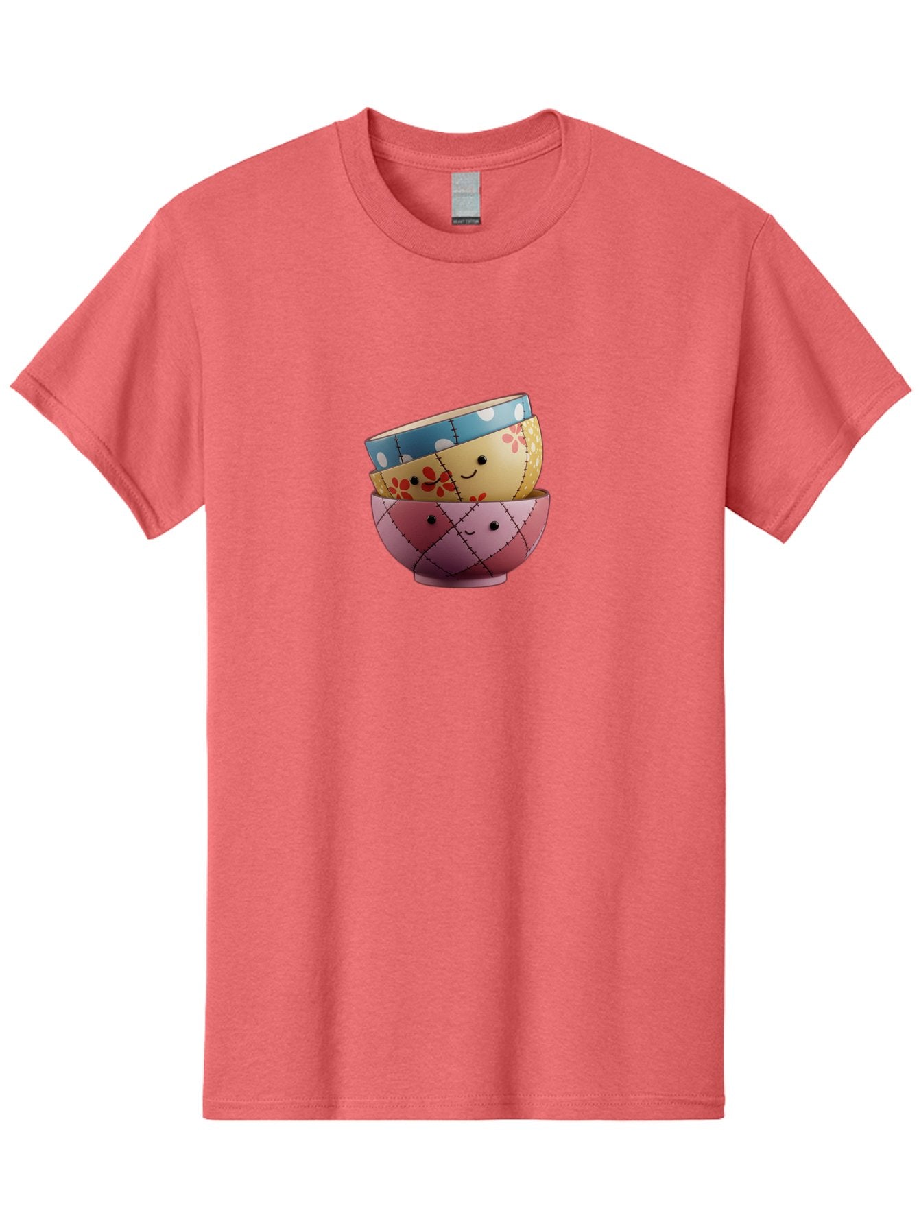 Smiling-Bowls Men'S Graphic Tee, 100% Cotton, Comfortable Casual Summer Wear, Machine Washable, Stacked Bowls, Smiling Faces, Colorful Patterns, Pastel Colors, Floral Designs, Polka Dots, Argyle Pattern, Cute Kitchenware, Tableware, Bab407 13