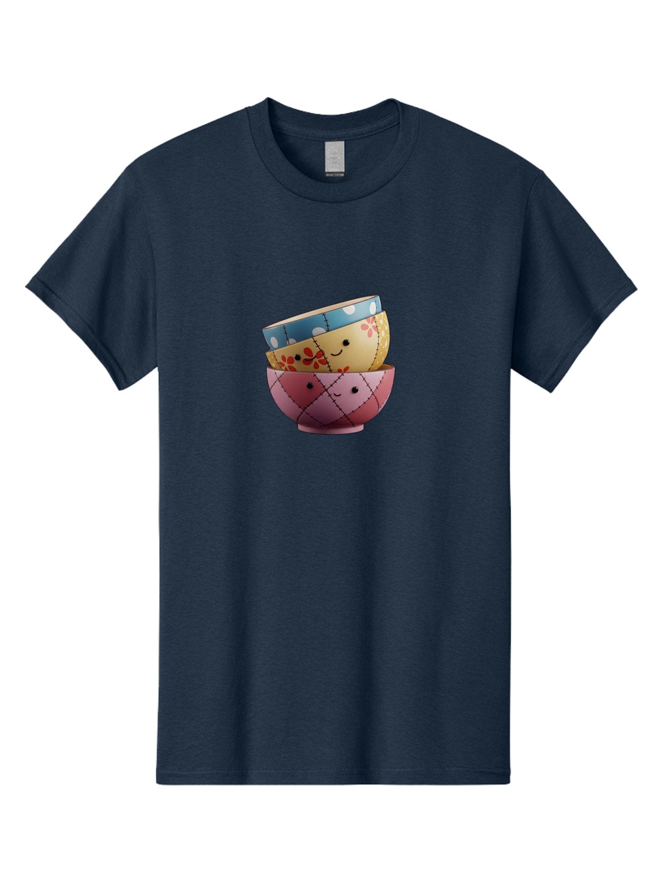 Smiling-Bowls Men'S Graphic Tee, 100% Cotton, Comfortable Casual Summer Wear, Machine Washable, Stacked Bowls, Smiling Faces, Colorful Patterns, Pastel Colors, Floral Designs, Polka Dots, Argyle Pattern, Cute Kitchenware, Tableware, Bab407 4