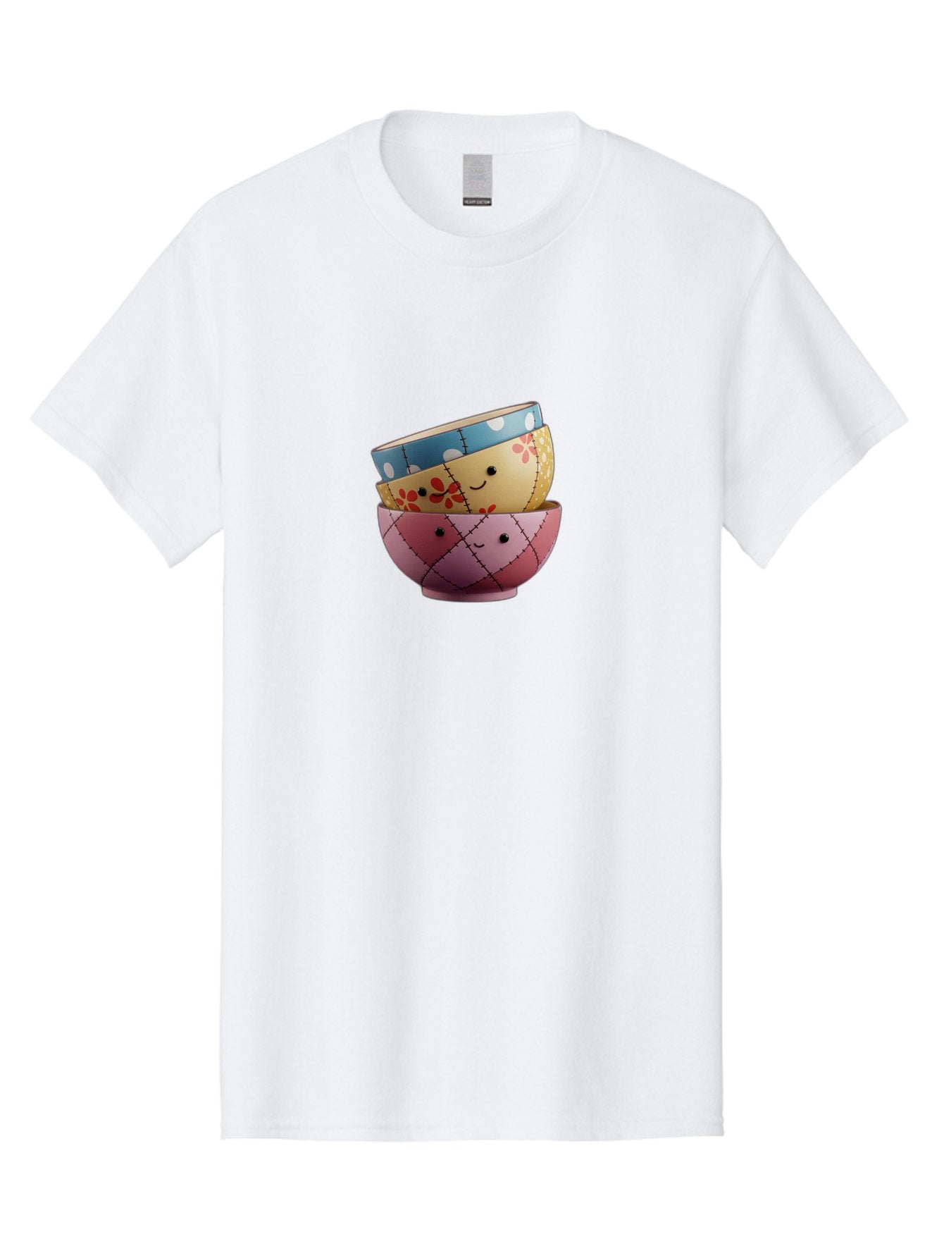 Smiling-Bowls Men'S Graphic Tee, 100% Cotton, Comfortable Casual Summer Wear, Machine Washable, Stacked Bowls, Smiling Faces, Colorful Patterns, Pastel Colors, Floral Designs, Polka Dots, Argyle Pattern, Cute Kitchenware, Tableware, Bab407