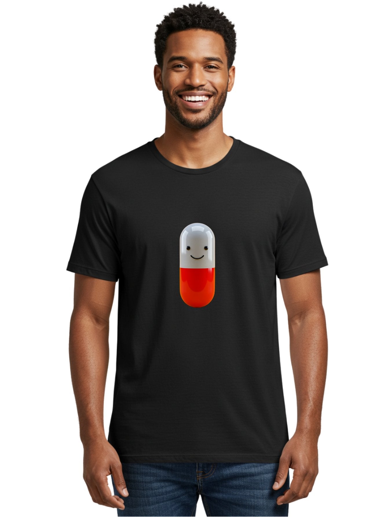 Smiling-Capsule Men'S Graphic Tee, 100% Cotton, Comfortable Casual Summer Wear, Machine Washable, Red And White Capsule, Smiling Face, Cartoon Character, Medicine, Pharmaceutical, Health Supplement, Happy Pill, Medication, Wellness Bab408 25