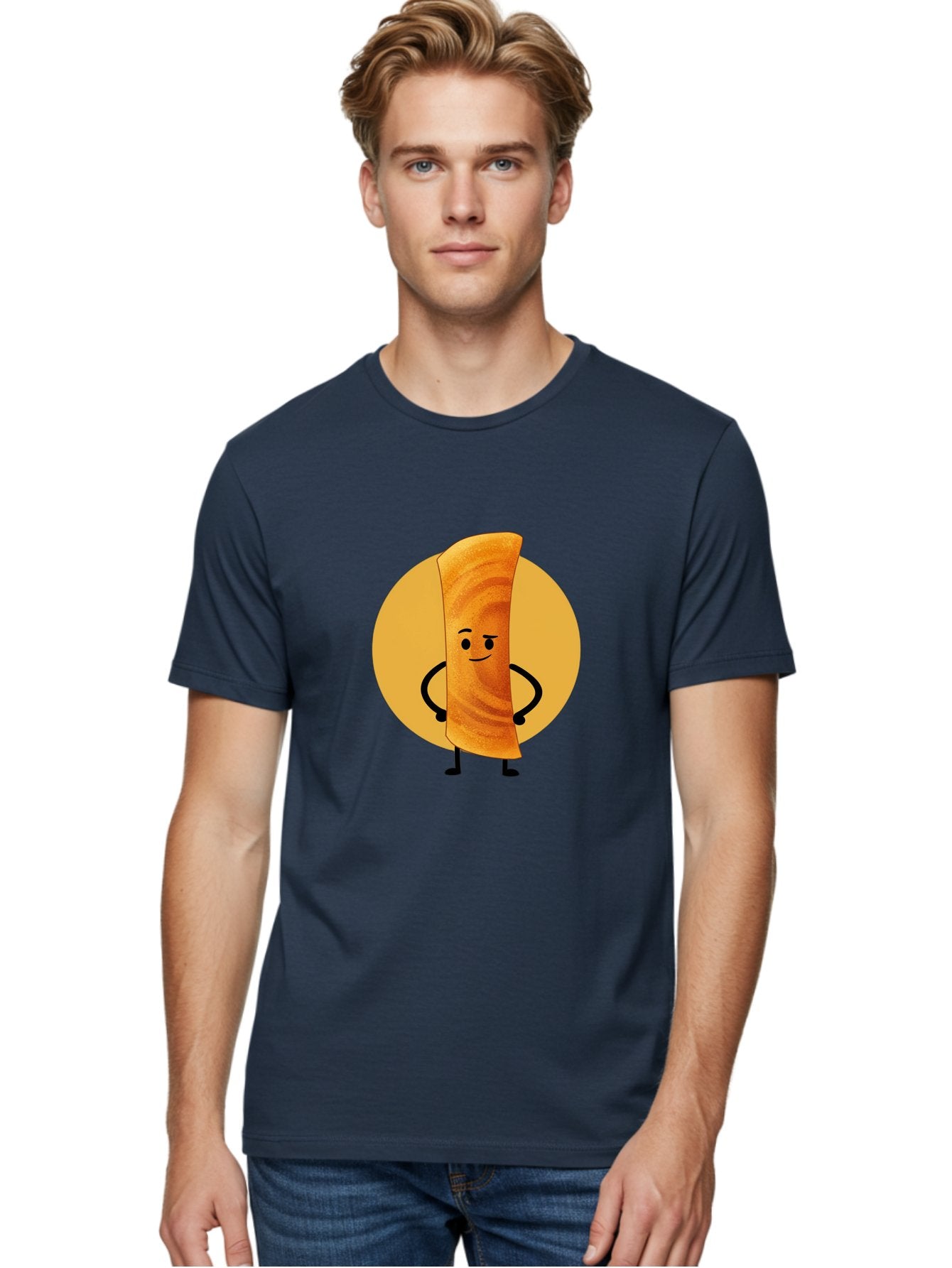 Smiling-Crepe Men'S Graphic Tee, 100% Cotton, Comfortable Casual Summer Wear, Machine Washable, Egg Roll Character, Cartoon Food, Smiling Face, Confident Pose, Black Legs, Yellow Circle, Cute Animation, Kawaii Design, Funny Illustration, Bab410 25