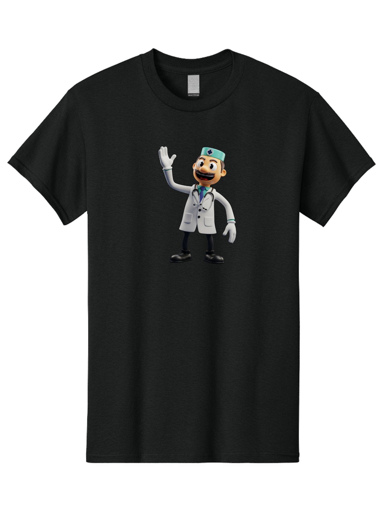 Smiling-Doctor-Character Men'S Graphic Tee, 100% Cotton, Comfortable Casual Summer Wear, Machine Washable, Cartoon Doctor, Medical Professional, Friendly Demeanor, White Lab Coat, Stethoscope Around Neck, Waving Gesture, Surgical Cap, Bab411 13