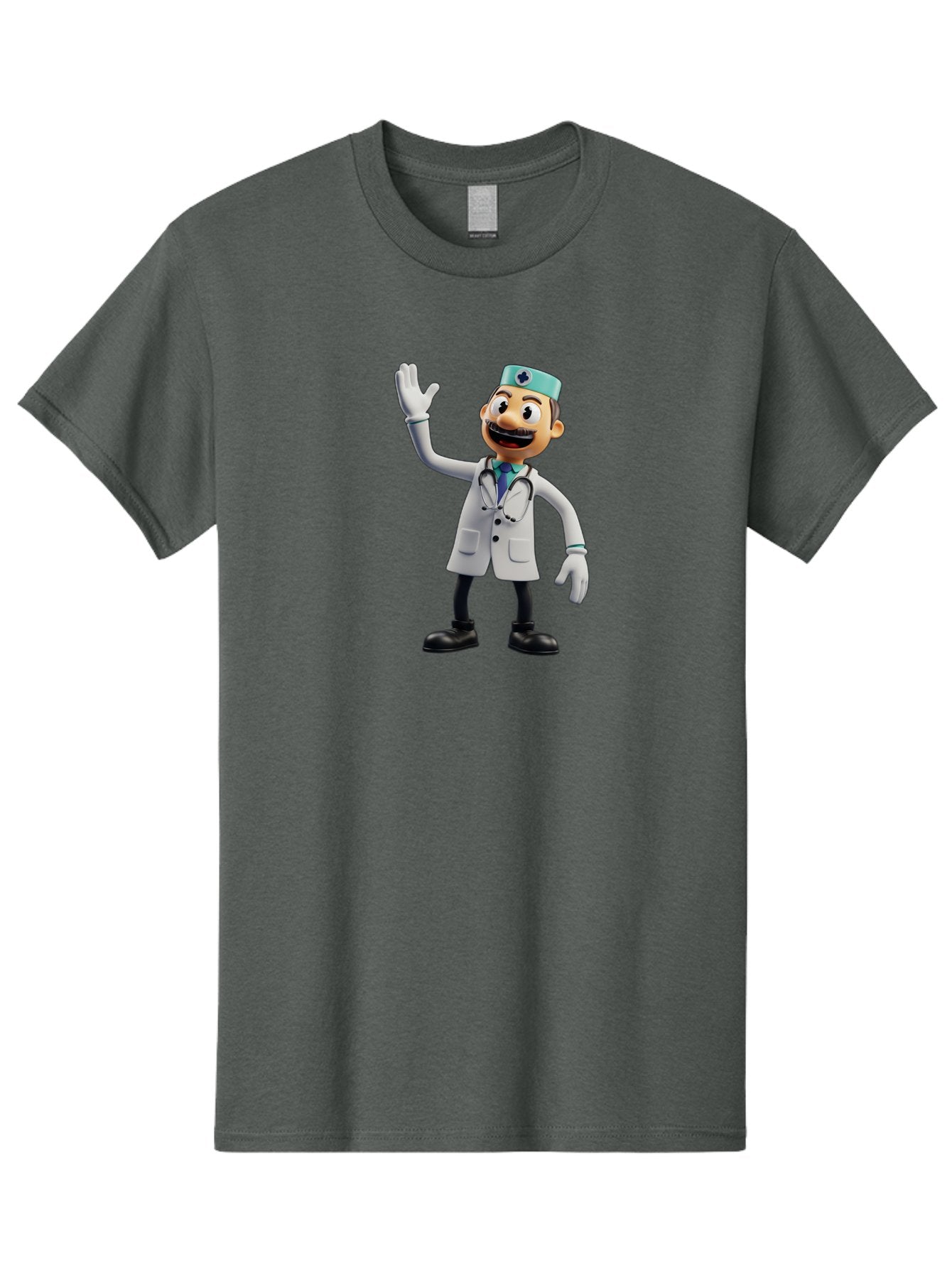 Smiling-Doctor-Character Men'S Graphic Tee, 100% Cotton, Comfortable Casual Summer Wear, Machine Washable, Cartoon Doctor, Medical Professional, Friendly Demeanor, White Lab Coat, Stethoscope Around Neck, Waving Gesture, Surgical Cap, Bab411 10