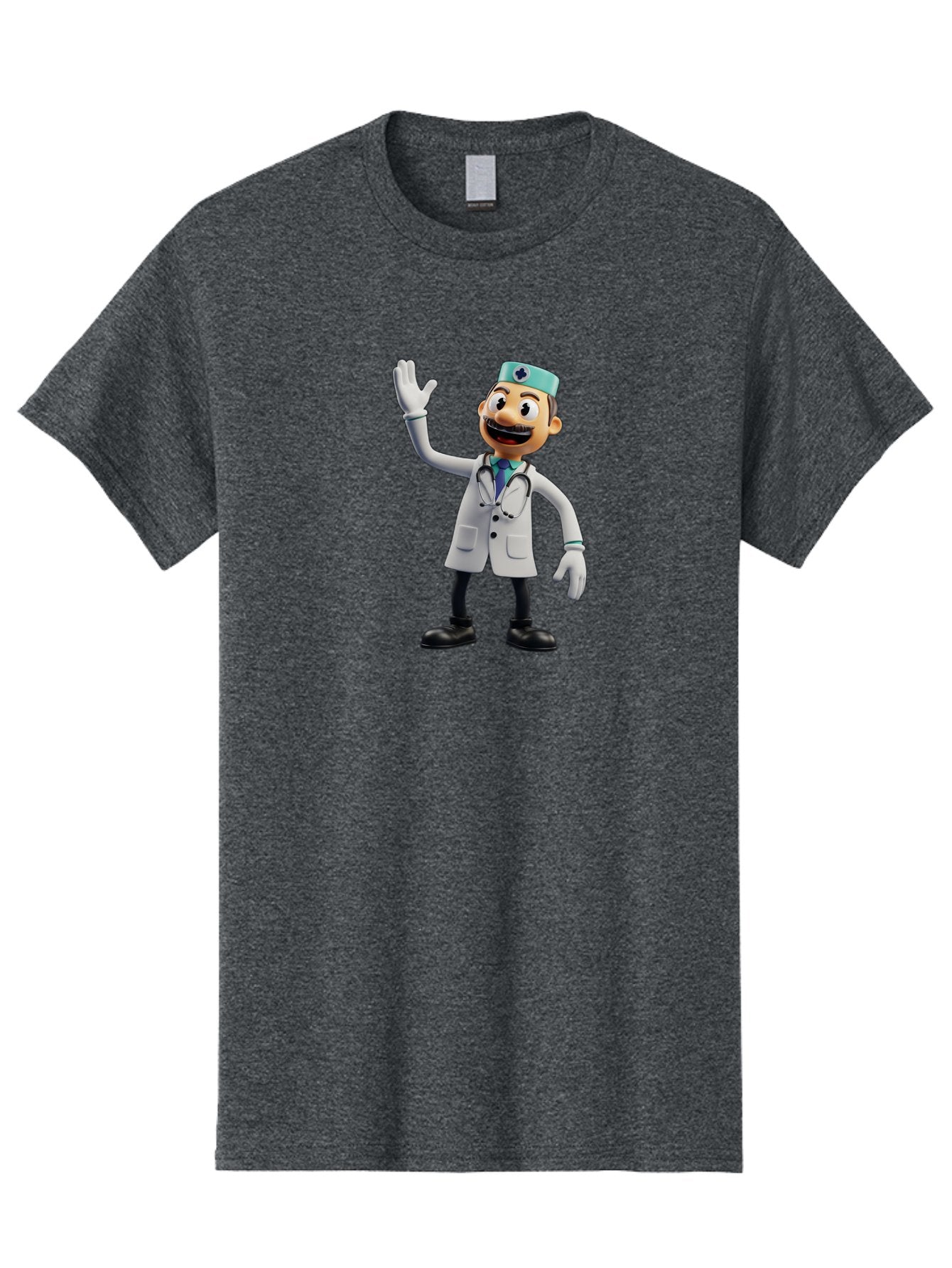 Smiling-Doctor-Character Men'S Graphic Tee, 100% Cotton, Comfortable Casual Summer Wear, Machine Washable, Cartoon Doctor, Medical Professional, Friendly Demeanor, White Lab Coat, Stethoscope Around Neck, Waving Gesture, Surgical Cap, Bab411 7