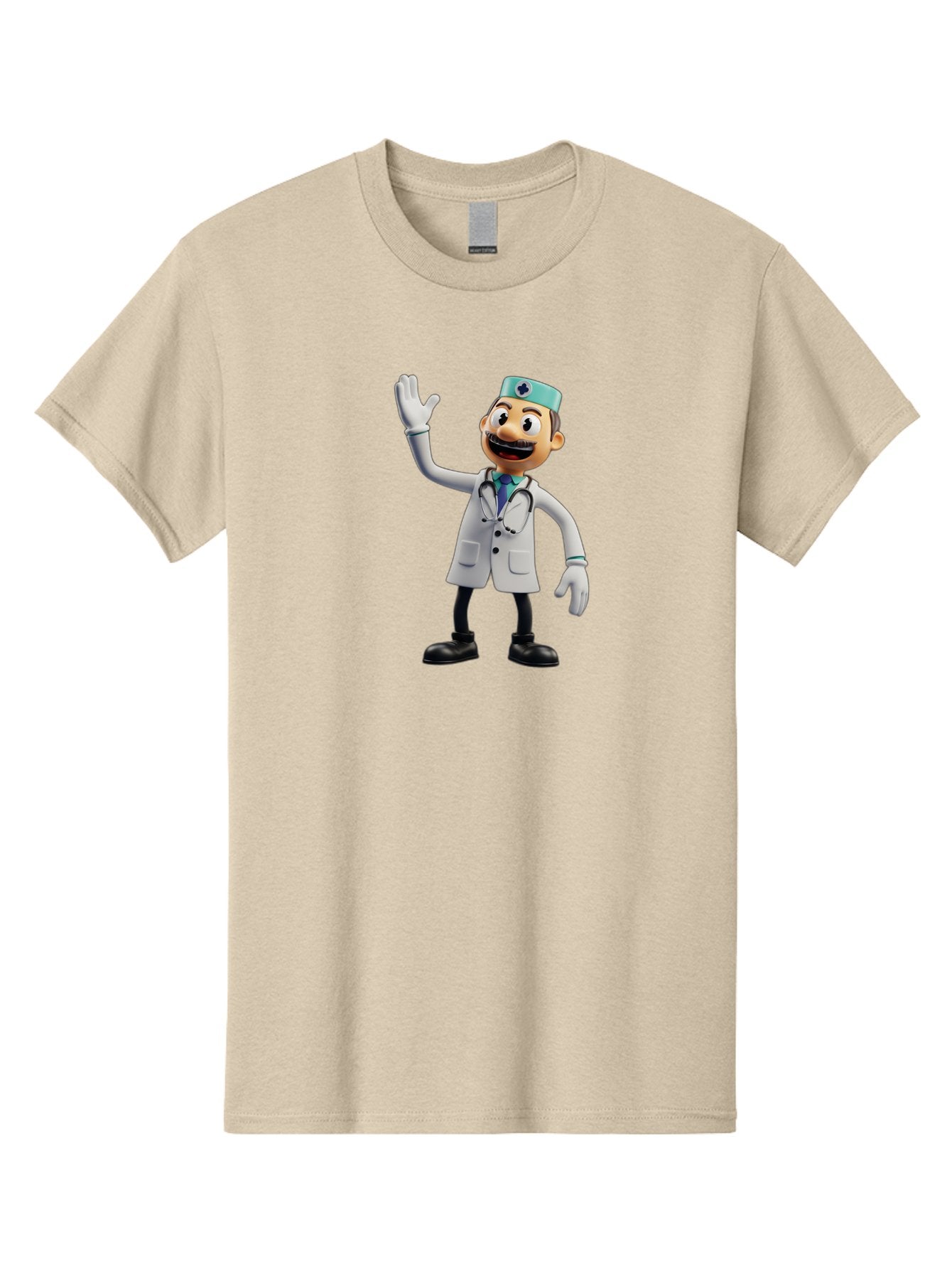 Smiling-Doctor-Character Men'S Graphic Tee, 100% Cotton, Comfortable Casual Summer Wear, Machine Washable, Cartoon Doctor, Medical Professional, Friendly Demeanor, White Lab Coat, Stethoscope Around Neck, Waving Gesture, Surgical Cap, Bab411 9