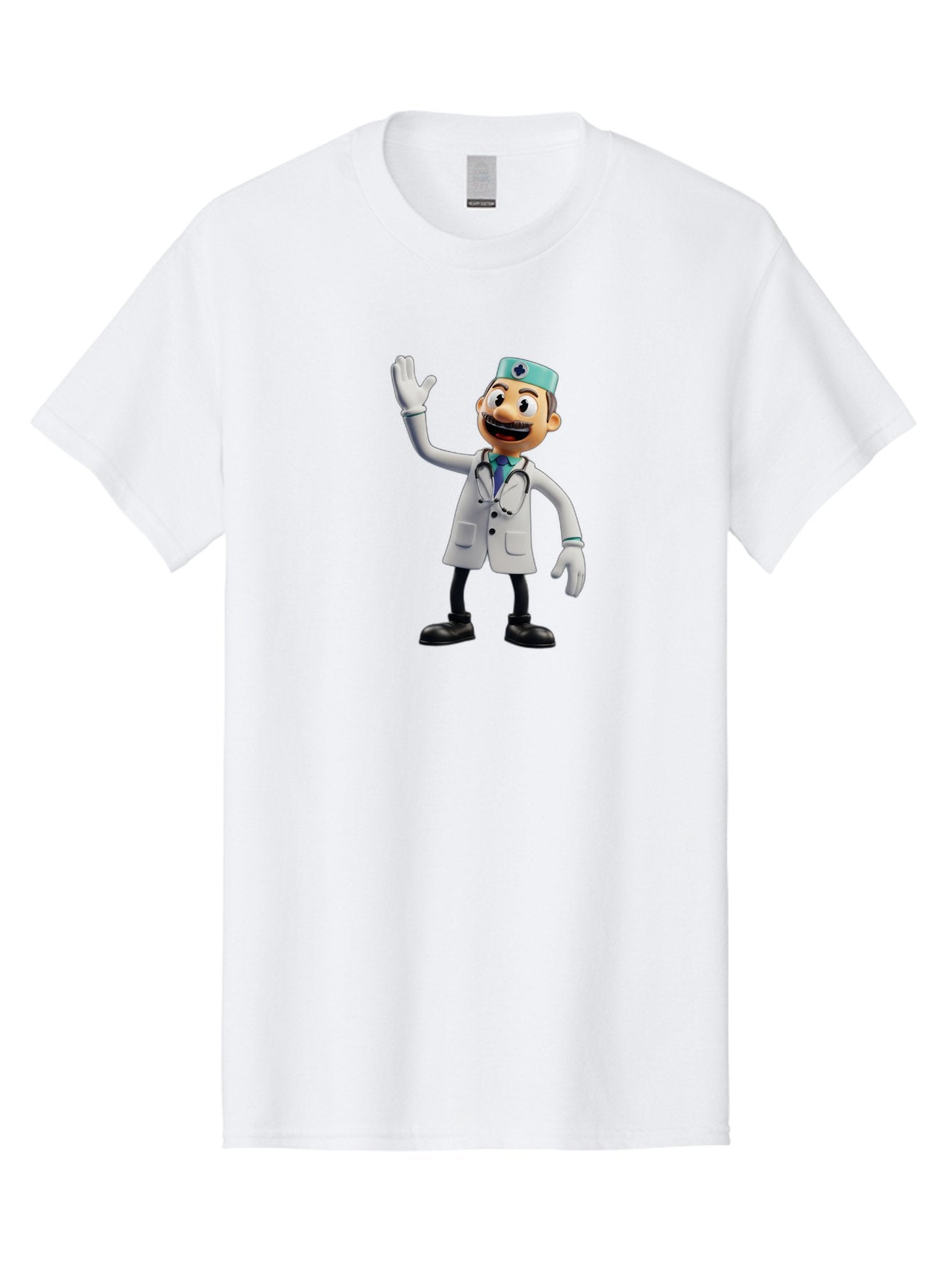 Smiling-Doctor-Character Men'S Graphic Tee, 100% Cotton, Comfortable Casual Summer Wear, Machine Washable, Cartoon Doctor, Medical Professional, Friendly Demeanor, White Lab Coat, Stethoscope Around Neck, Waving Gesture, Surgical Cap, Bab411