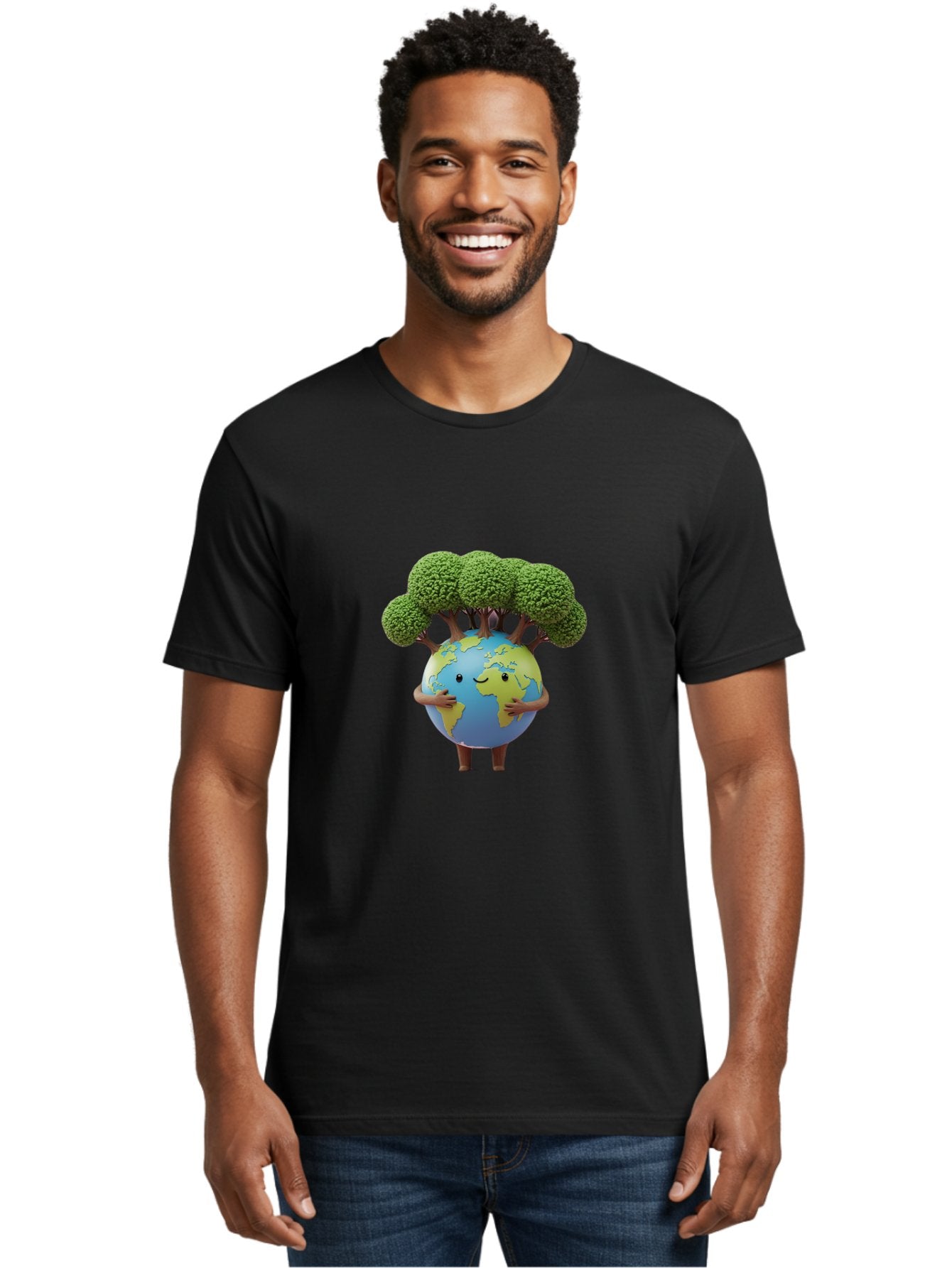 Smiling-Earth-1 Men'S Graphic Tee, 100% Cotton, Comfortable Casual Summer Wear, Machine Washable, Cartoon Globe, Eco-Friendly, Earth With Trees, Smiling Face, Environmental Awareness, Conservation, Sustainable Living, Green Initiatives, Bab412 23