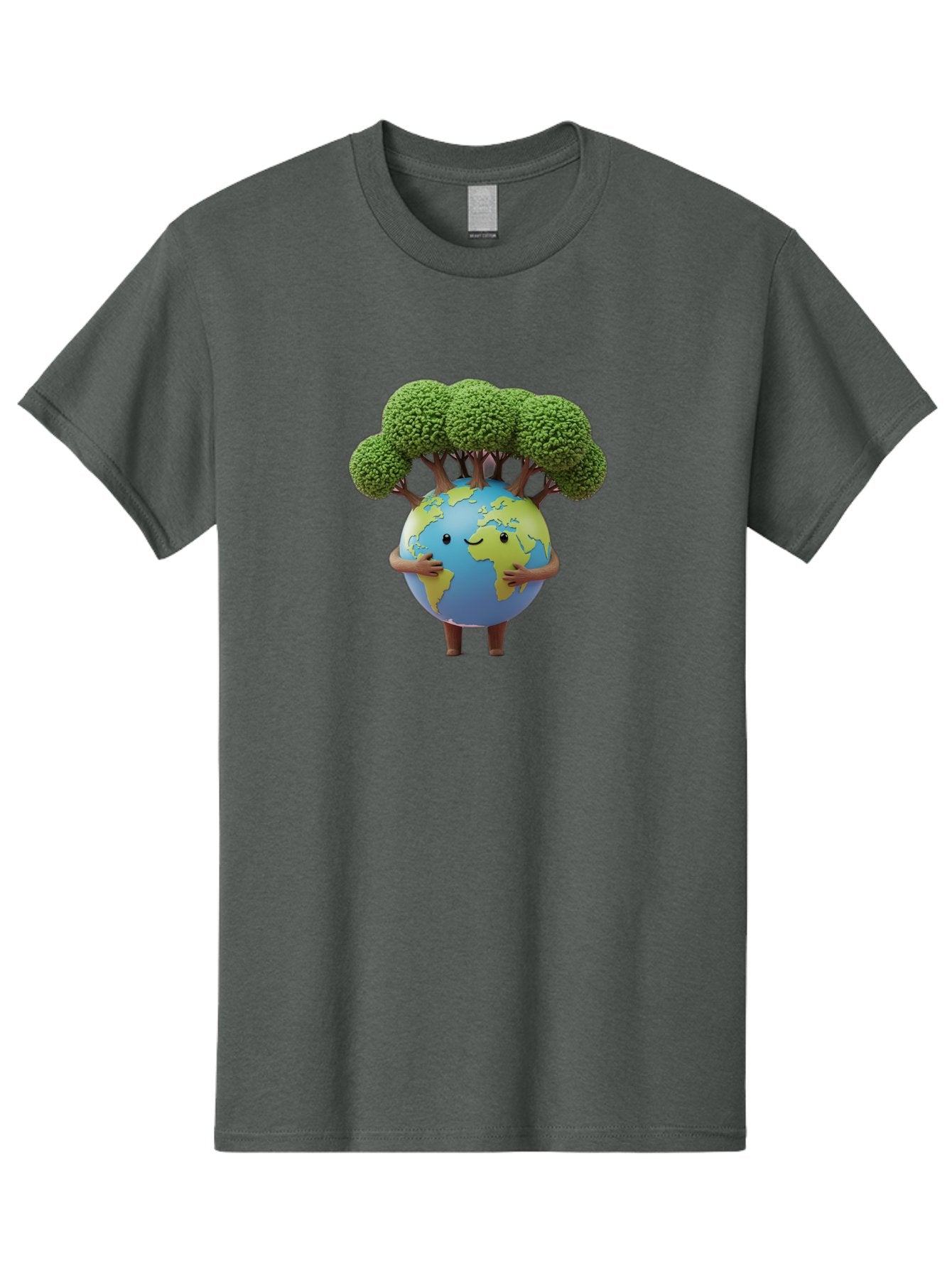 Smiling-Earth-1 Men'S Graphic Tee, 100% Cotton, Comfortable Casual Summer Wear, Machine Washable, Cartoon Globe, Eco-Friendly, Earth With Trees, Smiling Face, Environmental Awareness, Conservation, Sustainable Living, Green Initiatives, Bab412