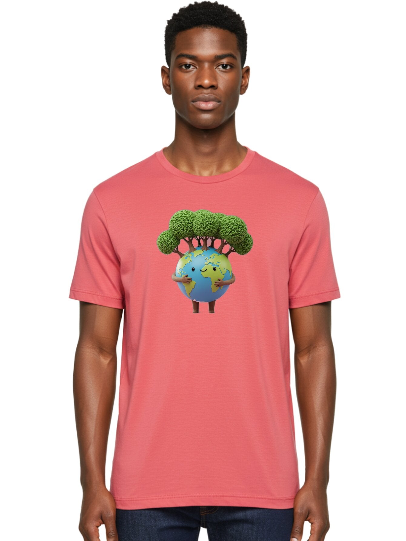 Smiling-Earth-1 Men'S Graphic Tee, 100% Cotton, Comfortable Casual Summer Wear, Machine Washable, Cartoon Globe, Eco-Friendly, Earth With Trees, Smiling Face, Environmental Awareness, Conservation, Sustainable Living, Green Initiatives, Bab412 24