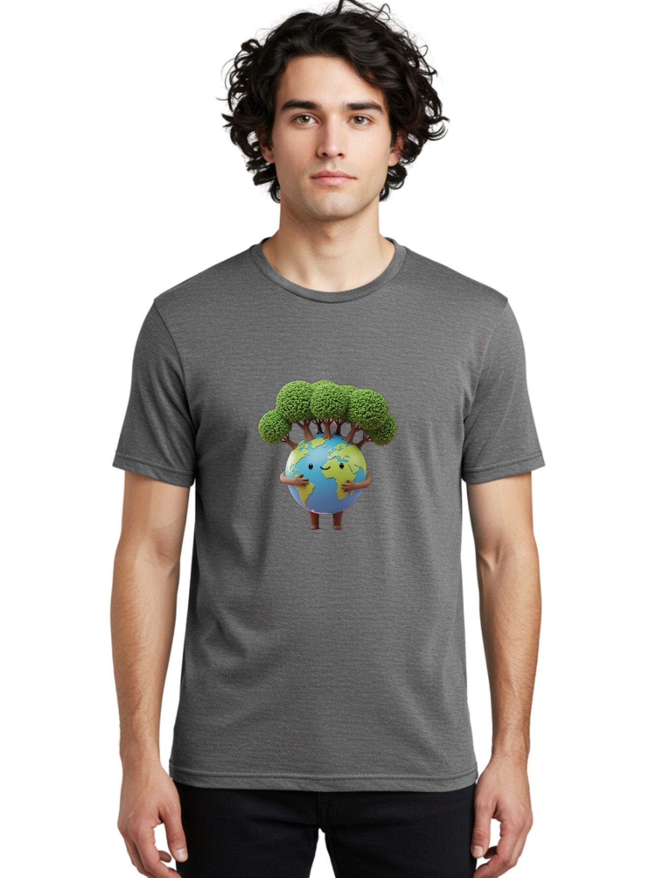 Smiling-Earth-1 Men'S Graphic Tee, 100% Cotton, Comfortable Casual Summer Wear, Machine Washable, Cartoon Globe, Eco-Friendly, Earth With Trees, Smiling Face, Environmental Awareness, Conservation, Sustainable Living, Green Initiatives, Bab412 19