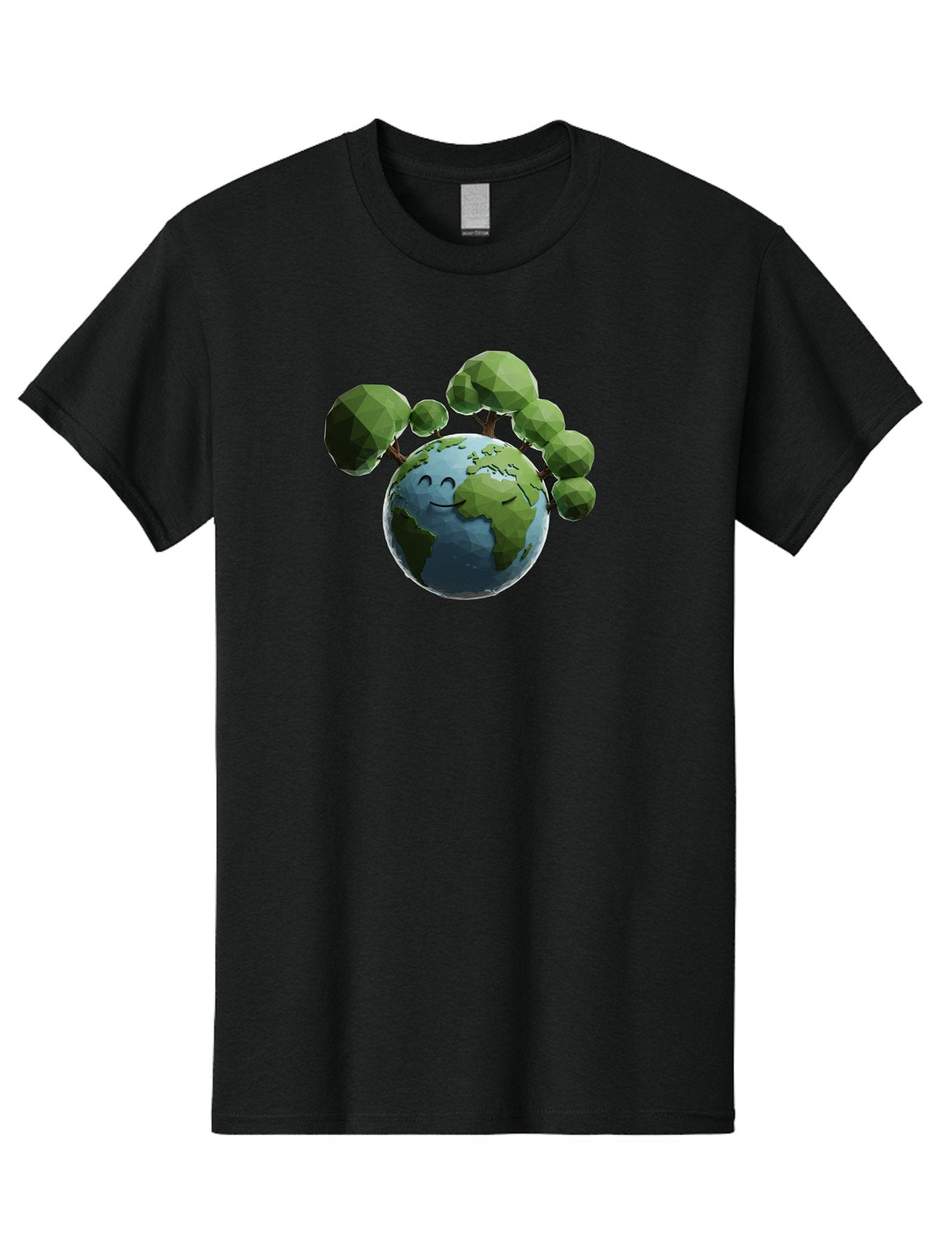 Smiling-Earth Men'S Graphic Tee, 100% Cotton, Comfortable Casual Summer Wear, Machine Washable, Happy Earth, Cartoon Globe, Smiling Face, Green Trees, Eco Friendly, Low Poly, 3D Rendering, Environmental Awareness, Conservation, Bab413
