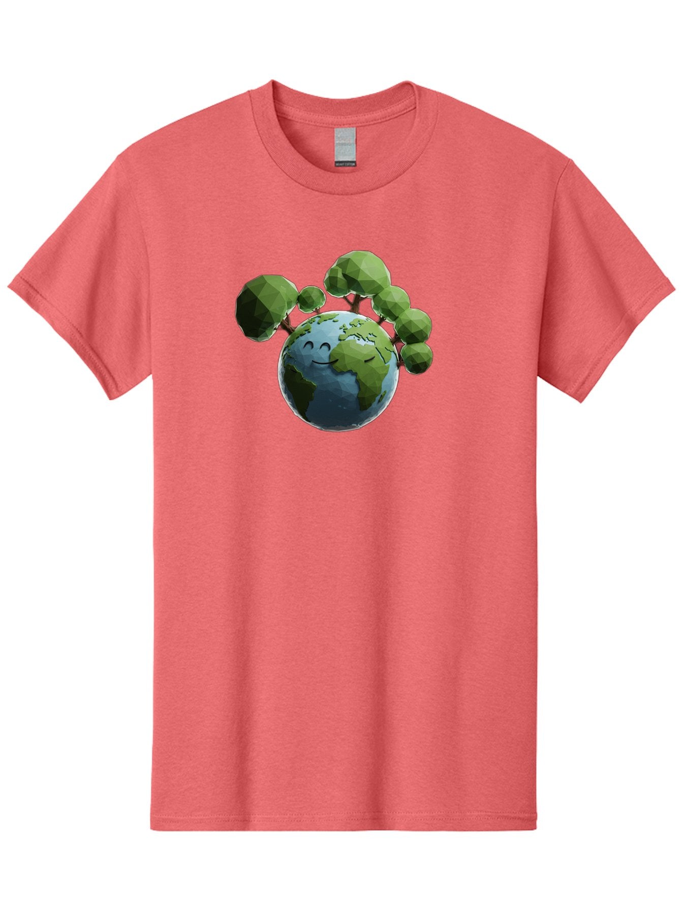 Smiling-Earth Men'S Graphic Tee, 100% Cotton, Comfortable Casual Summer Wear, Machine Washable, Happy Earth, Cartoon Globe, Smiling Face, Green Trees, Eco Friendly, Low Poly, 3D Rendering, Environmental Awareness, Conservation, Bab413 5