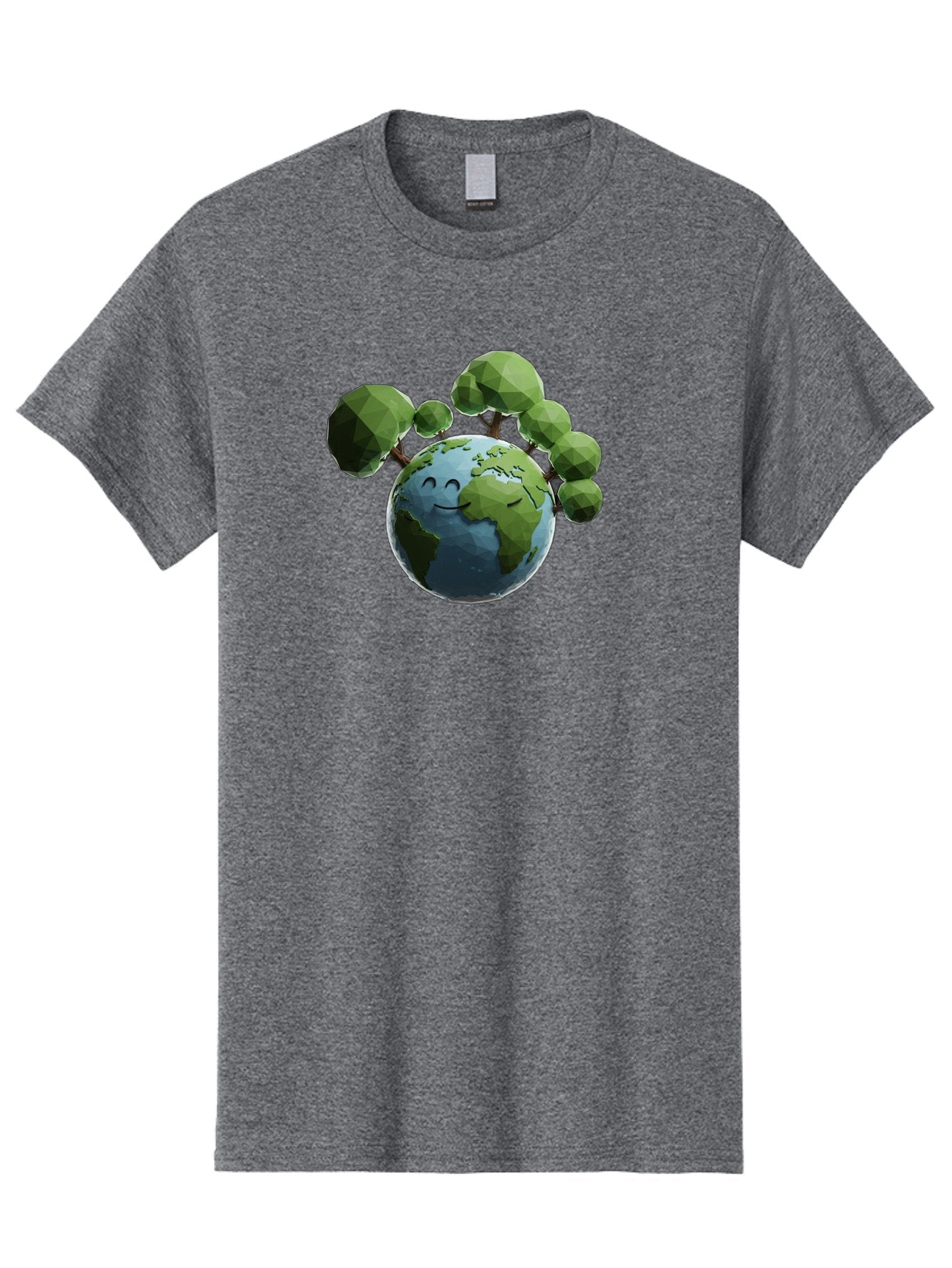 Smiling-Earth Men'S Graphic Tee, 100% Cotton, Comfortable Casual Summer Wear, Machine Washable, Happy Earth, Cartoon Globe, Smiling Face, Green Trees, Eco Friendly, Low Poly, 3D Rendering, Environmental Awareness, Conservation, Bab413 4