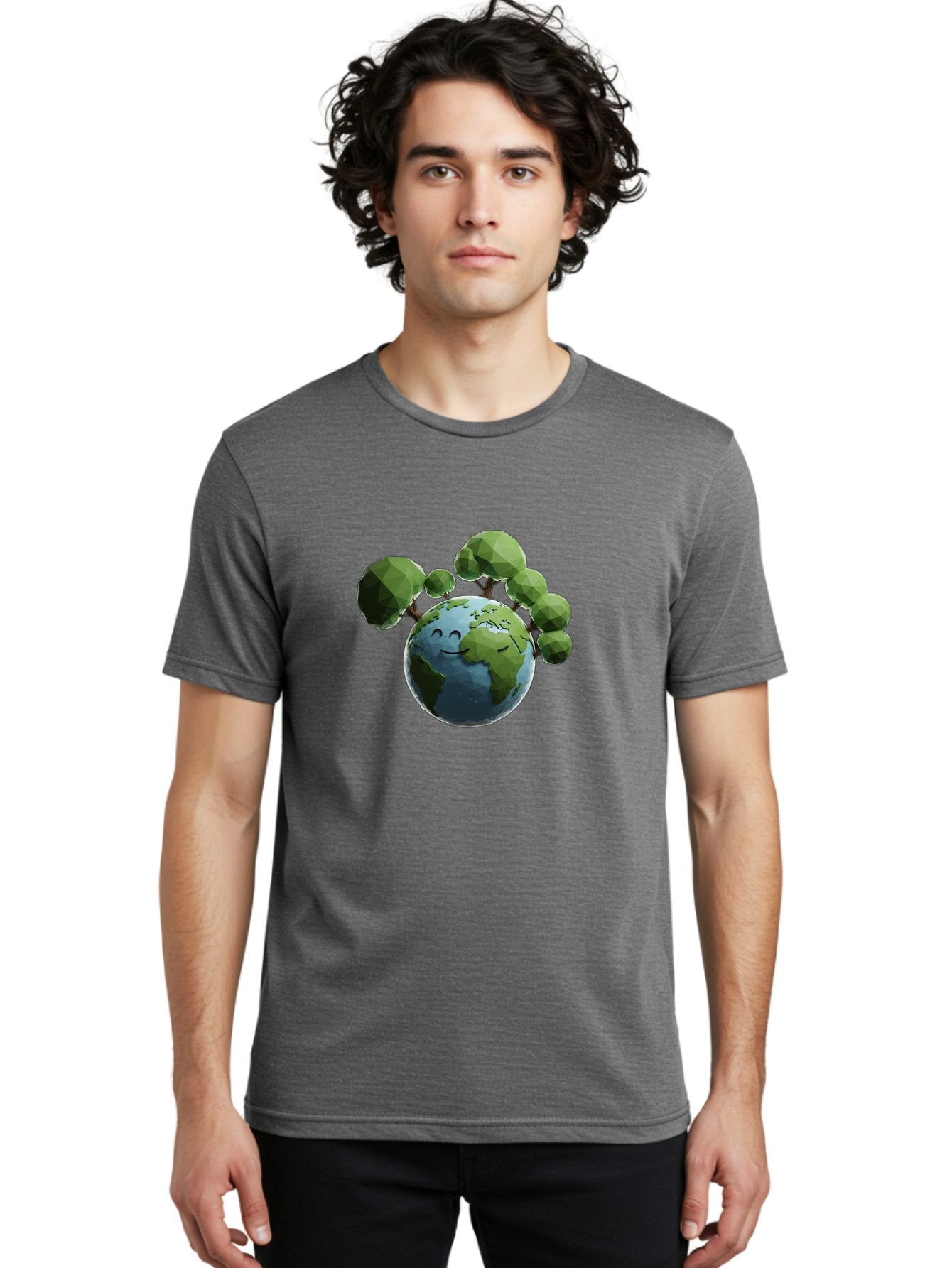 Smiling-Earth Men'S Graphic Tee, 100% Cotton, Comfortable Casual Summer Wear, Machine Washable, Happy Earth, Cartoon Globe, Smiling Face, Green Trees, Eco Friendly, Low Poly, 3D Rendering, Environmental Awareness, Conservation, Bab413 18