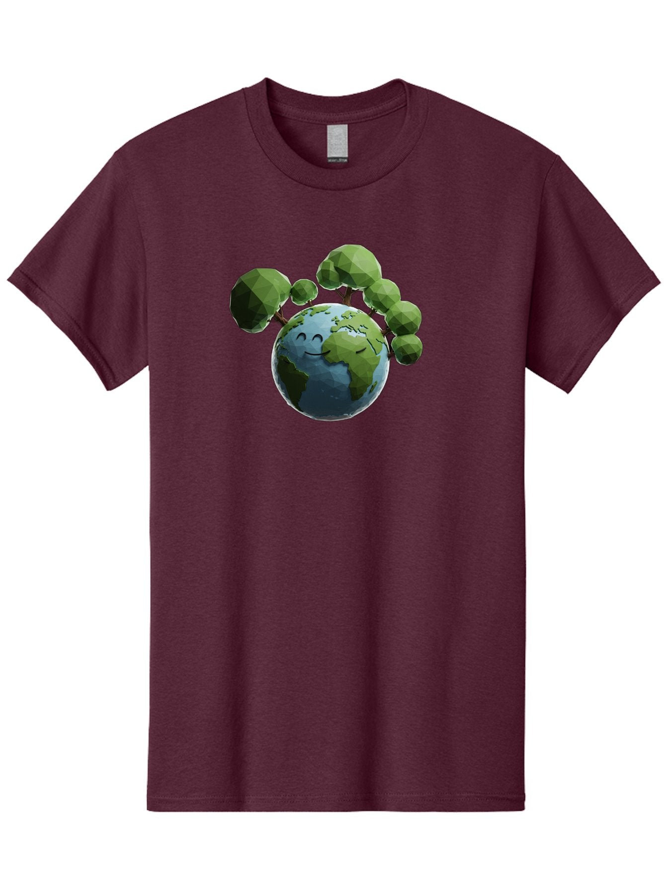 Smiling-Earth Men'S Graphic Tee, 100% Cotton, Comfortable Casual Summer Wear, Machine Washable, Happy Earth, Cartoon Globe, Smiling Face, Green Trees, Eco Friendly, Low Poly, 3D Rendering, Environmental Awareness, Conservation, Bab413 3