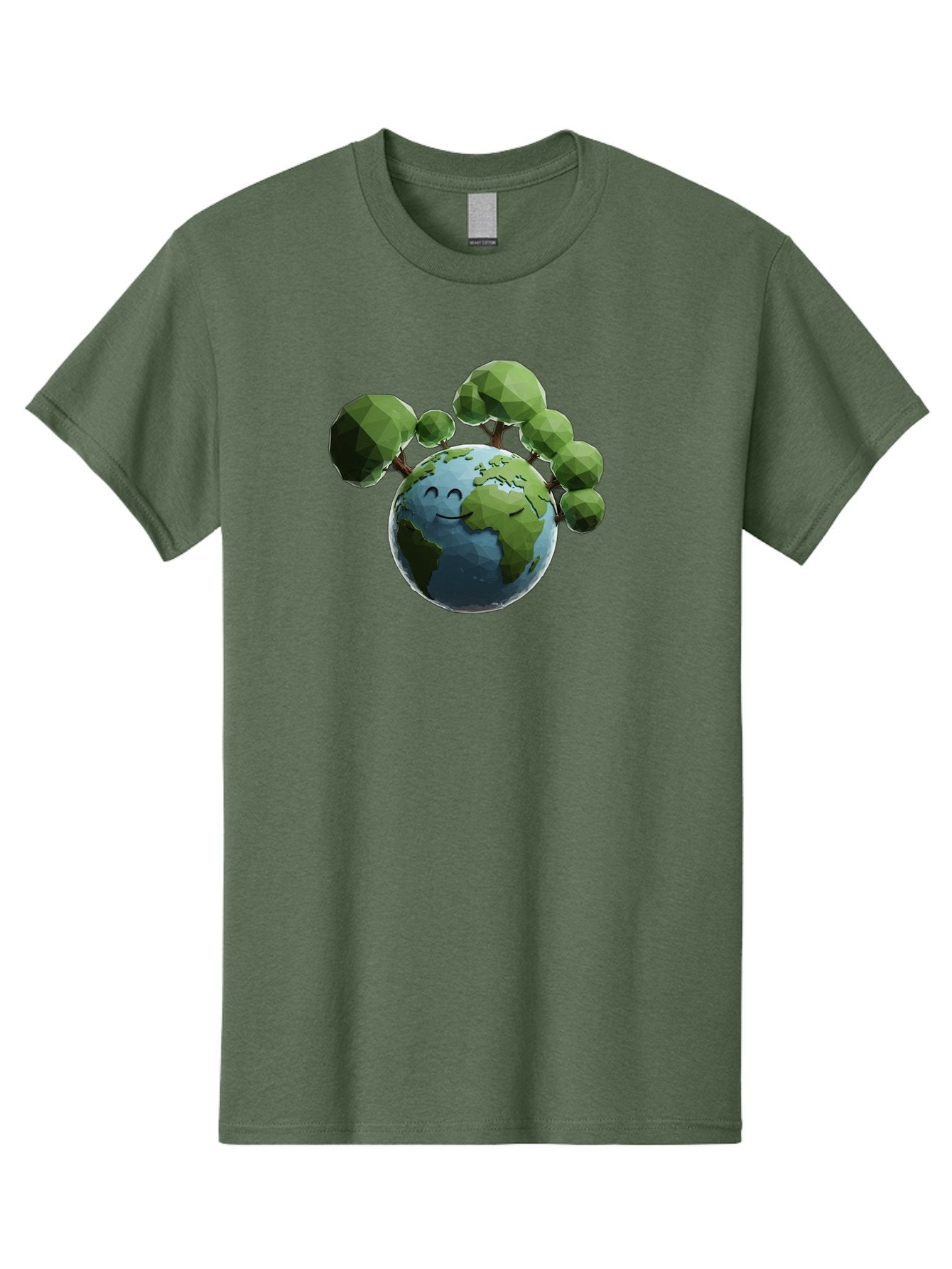 Smiling-Earth Men'S Graphic Tee, 100% Cotton, Comfortable Casual Summer Wear, Machine Washable, Happy Earth, Cartoon Globe, Smiling Face, Green Trees, Eco Friendly, Low Poly, 3D Rendering, Environmental Awareness, Conservation, Bab413 13