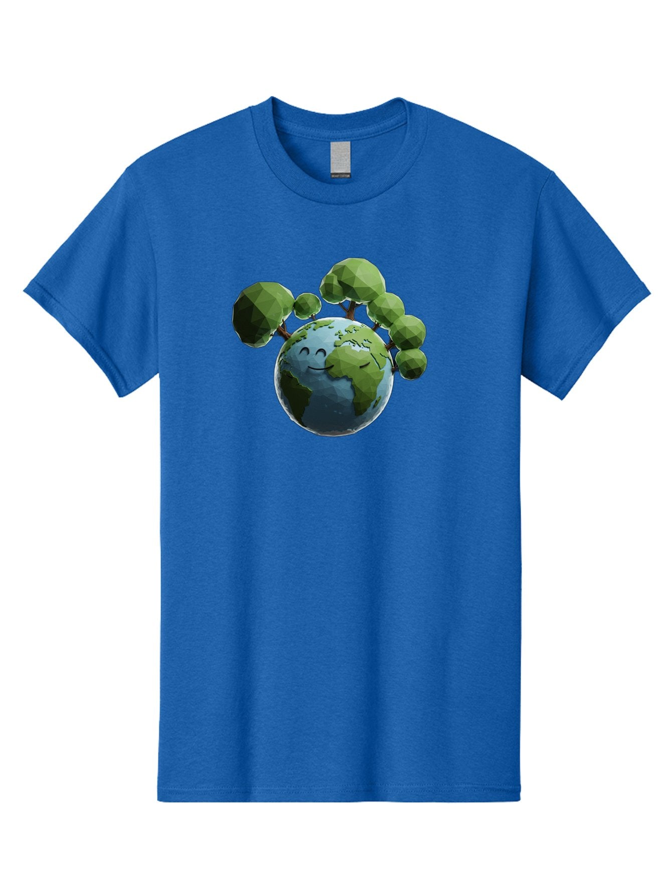 Smiling-Earth Men'S Graphic Tee, 100% Cotton, Comfortable Casual Summer Wear, Machine Washable, Happy Earth, Cartoon Globe, Smiling Face, Green Trees, Eco Friendly, Low Poly, 3D Rendering, Environmental Awareness, Conservation, Bab413 9