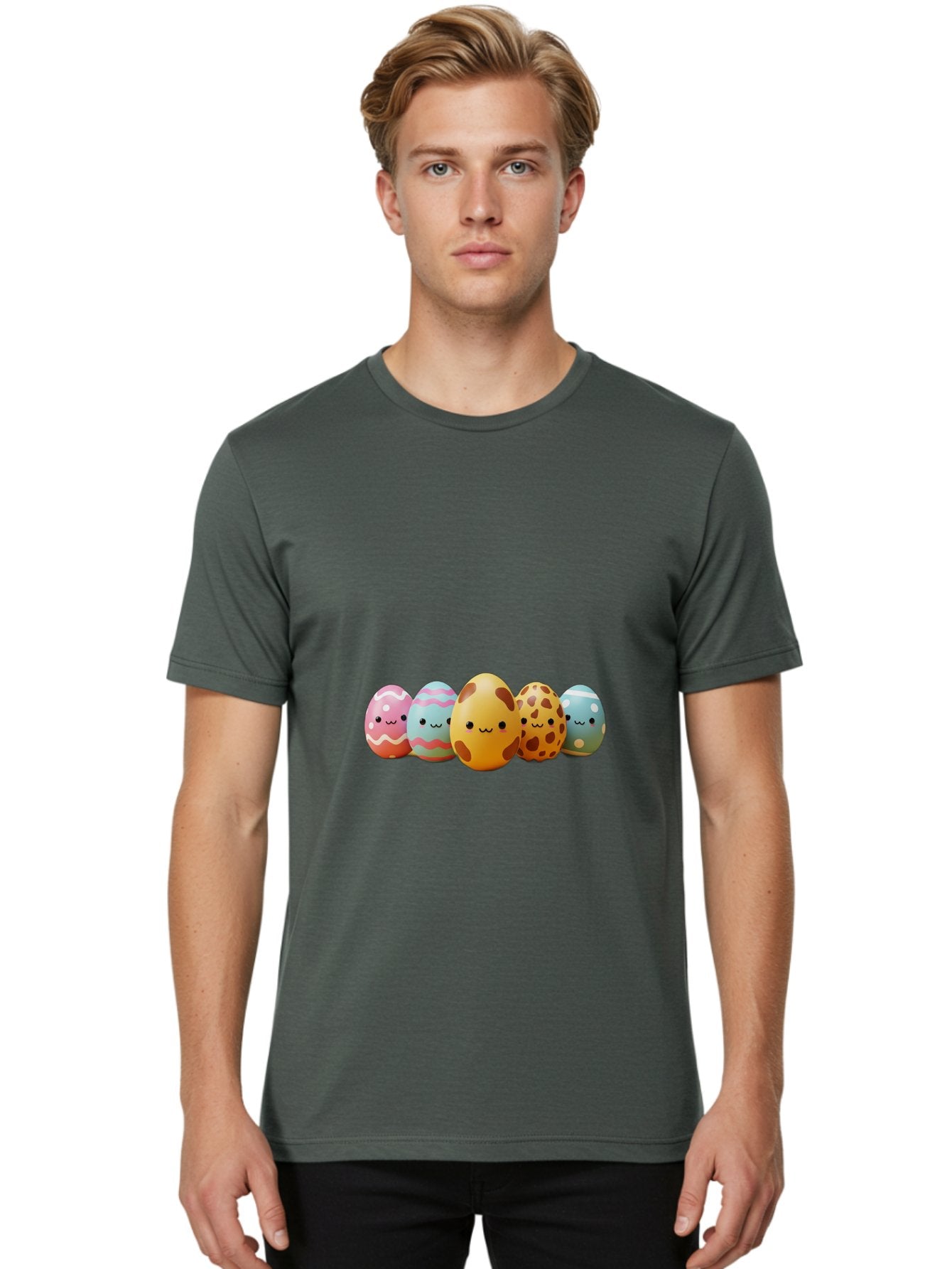 Smiling-Easter-Eggs Men'S Graphic Tee, 100% Cotton, Comfortable Casual Summer Wear, Machine Washable, Easter Eggs, Decorated Eggs, Colorful Eggs, Egg Designs, Spring Decoration, Easter Theme, Cartoon Eggs, Festive Eggs, Pastel Colors, Bab414 25